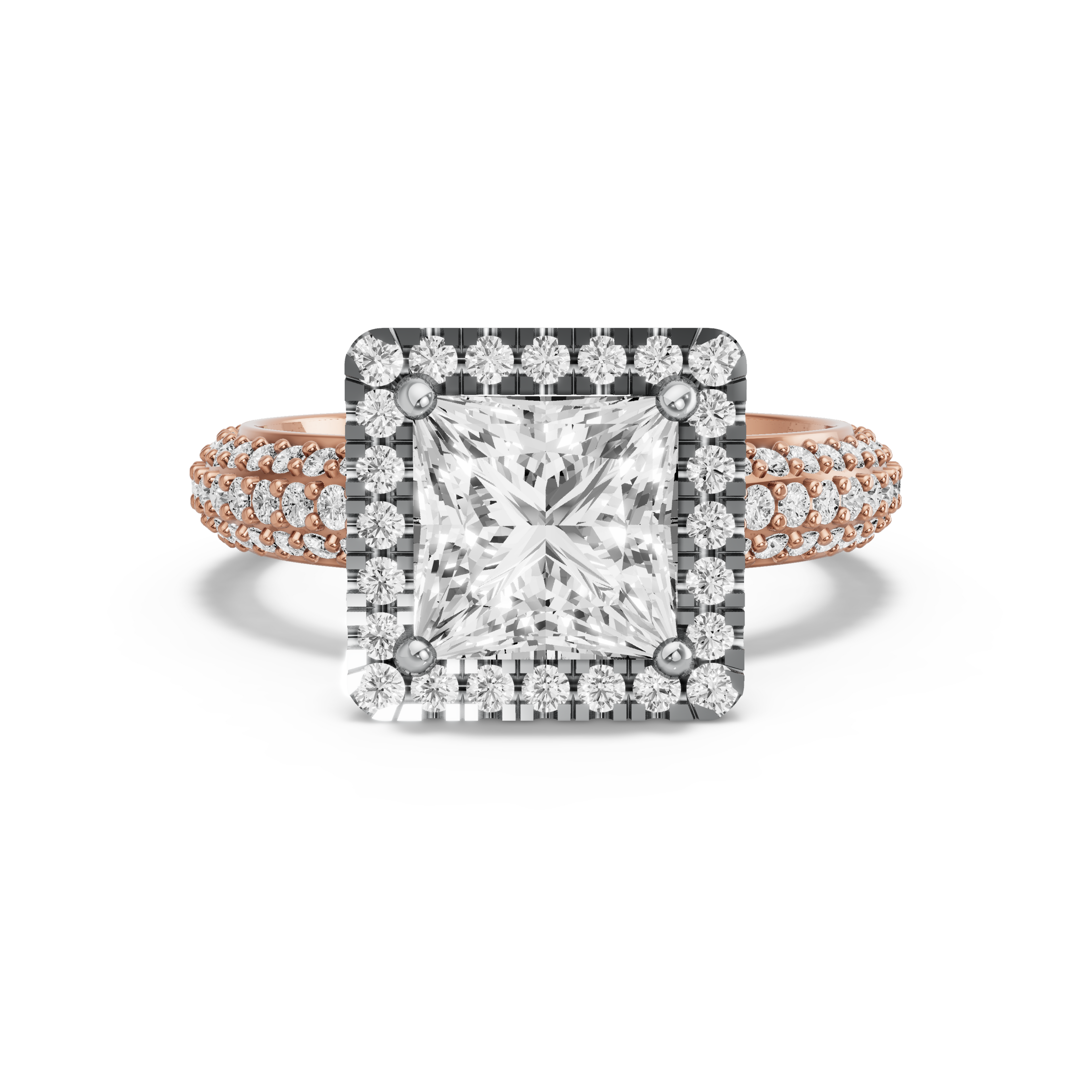 Image for Princess Pave Halo Ring with Triple Row Pave band in 10K Two Tone Rose Gold