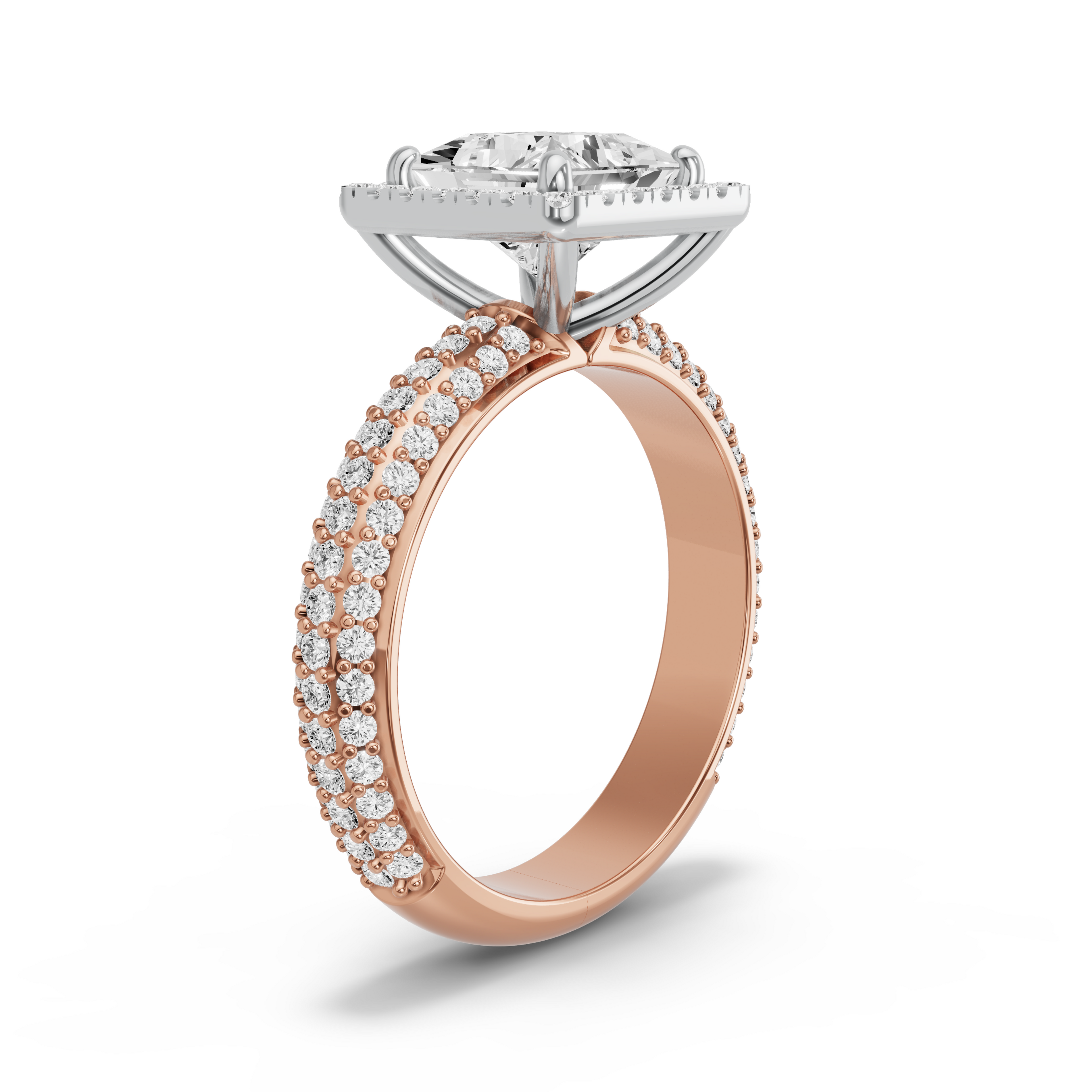 Image for Princess Pave Halo Ring with Triple Row Pave band in 18K Two Tone Yellow Gold