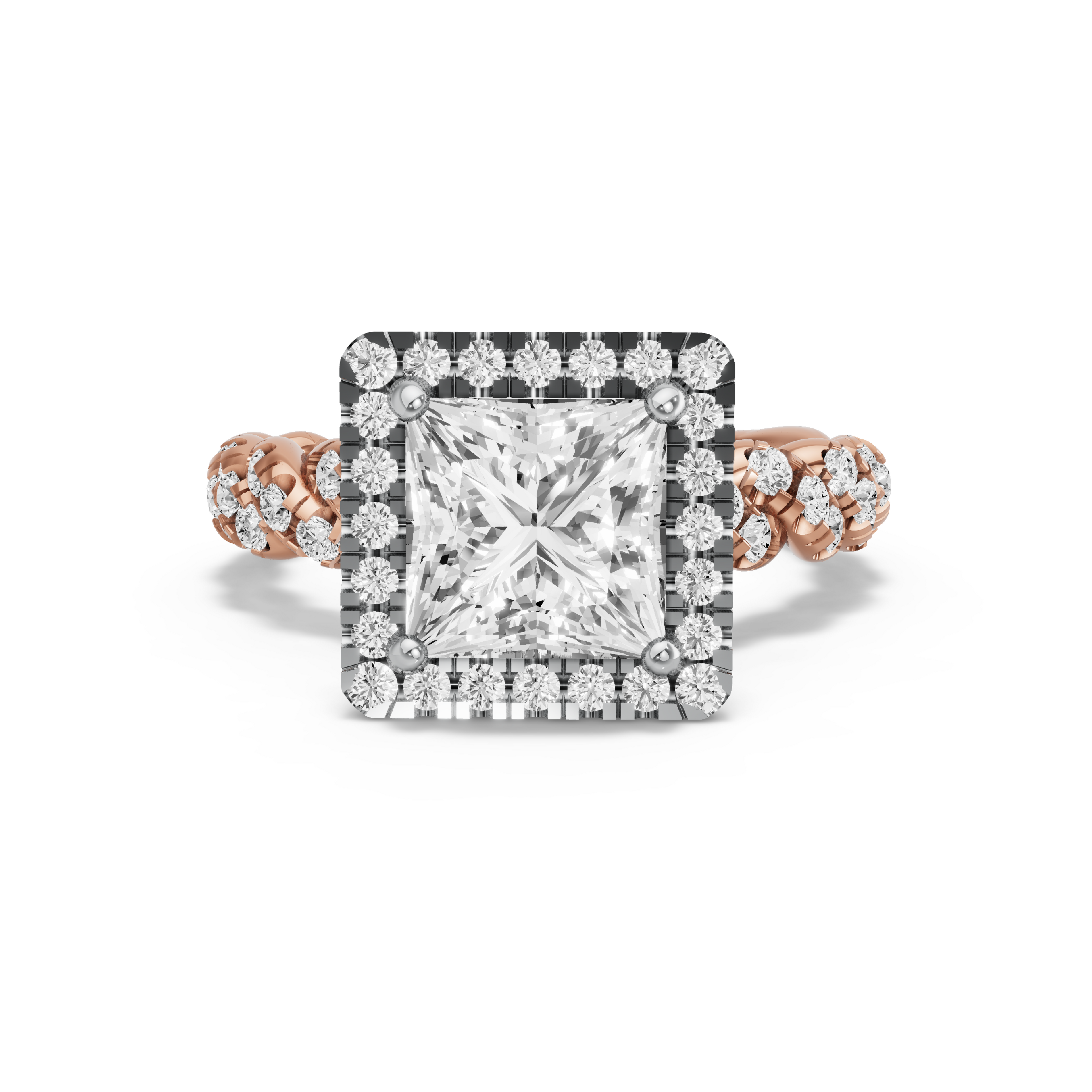 Image for Princess Pave Halo Ring with Twist Pave band in 10K Two Tone Rose Gold