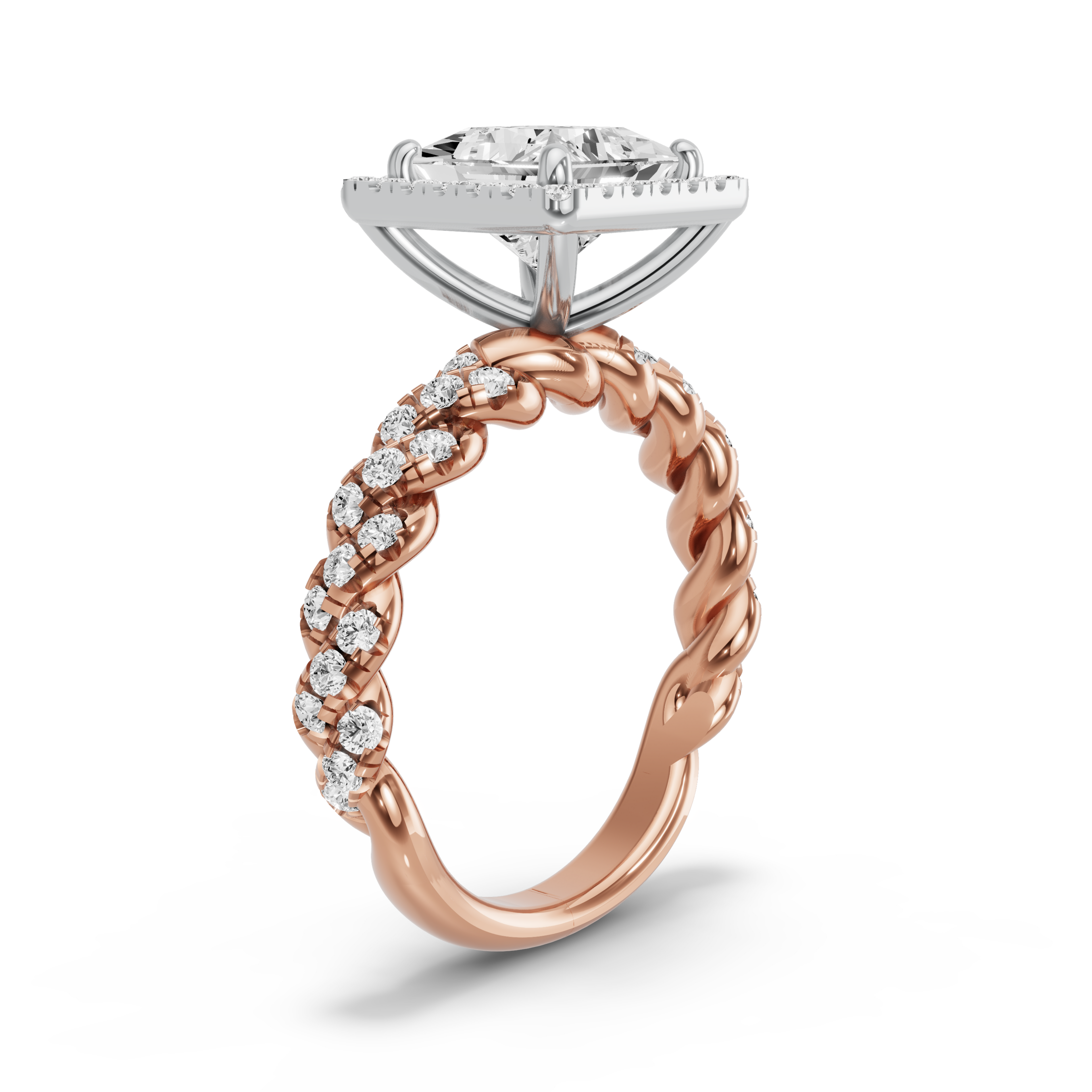 Image for Princess Pave Halo Ring with Twist Pave band in 18K Two Tone Rose Gold