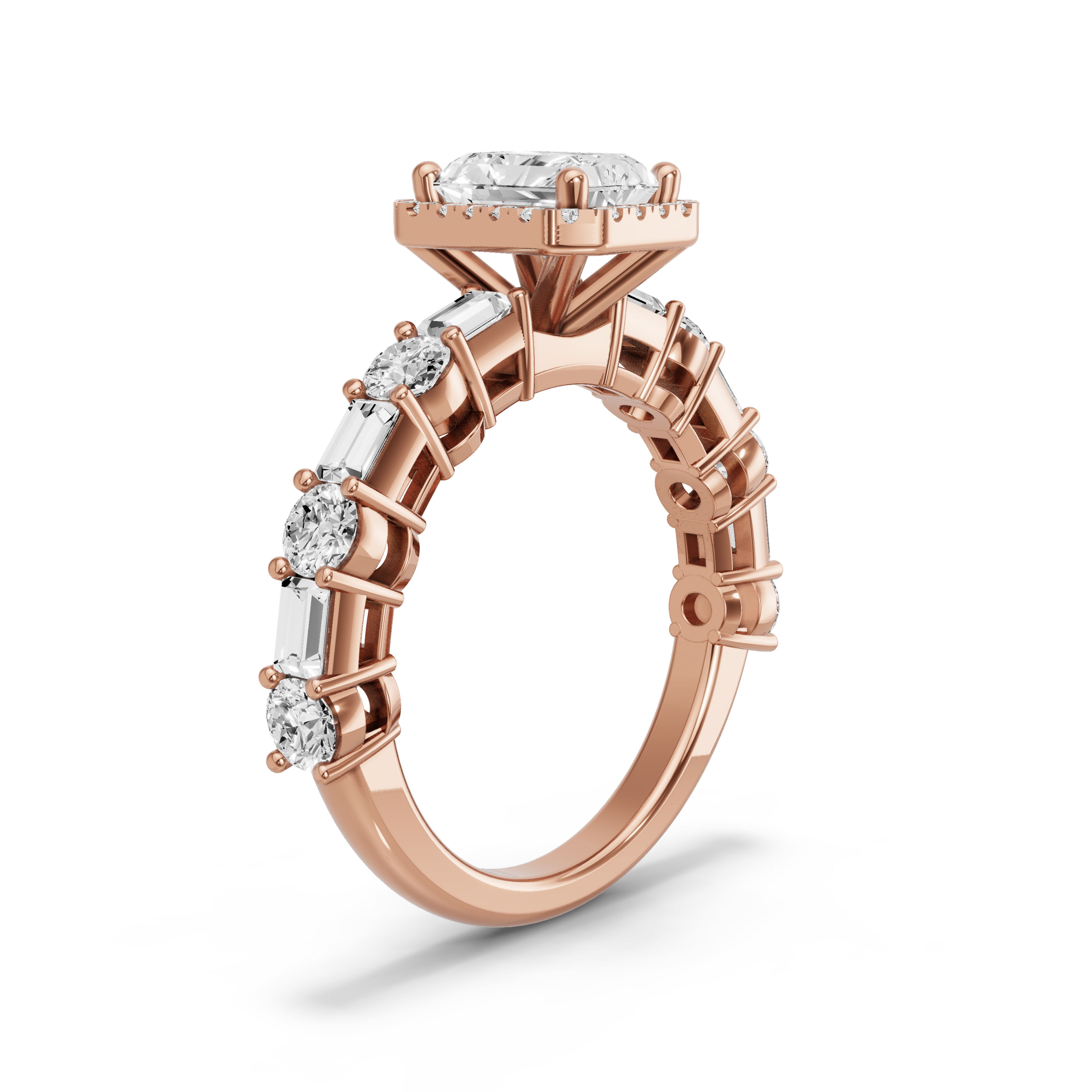 Image for Radiant Pave Halo Ring with Alternating Baguette band in 10K Yellow Gold