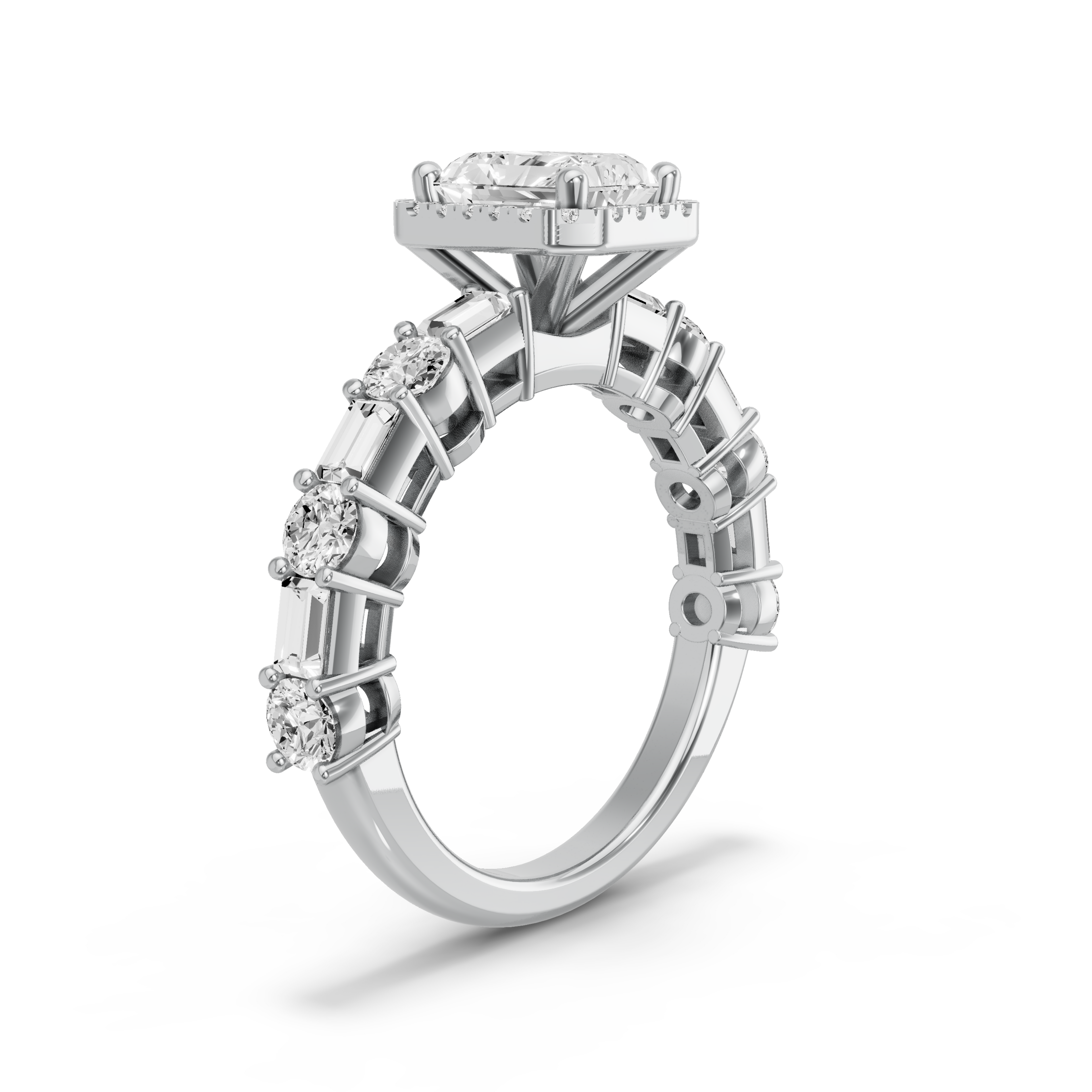 Image for Radiant Pave Halo Ring with Alternating Baguette band in 10K Two Tone Rose Gold