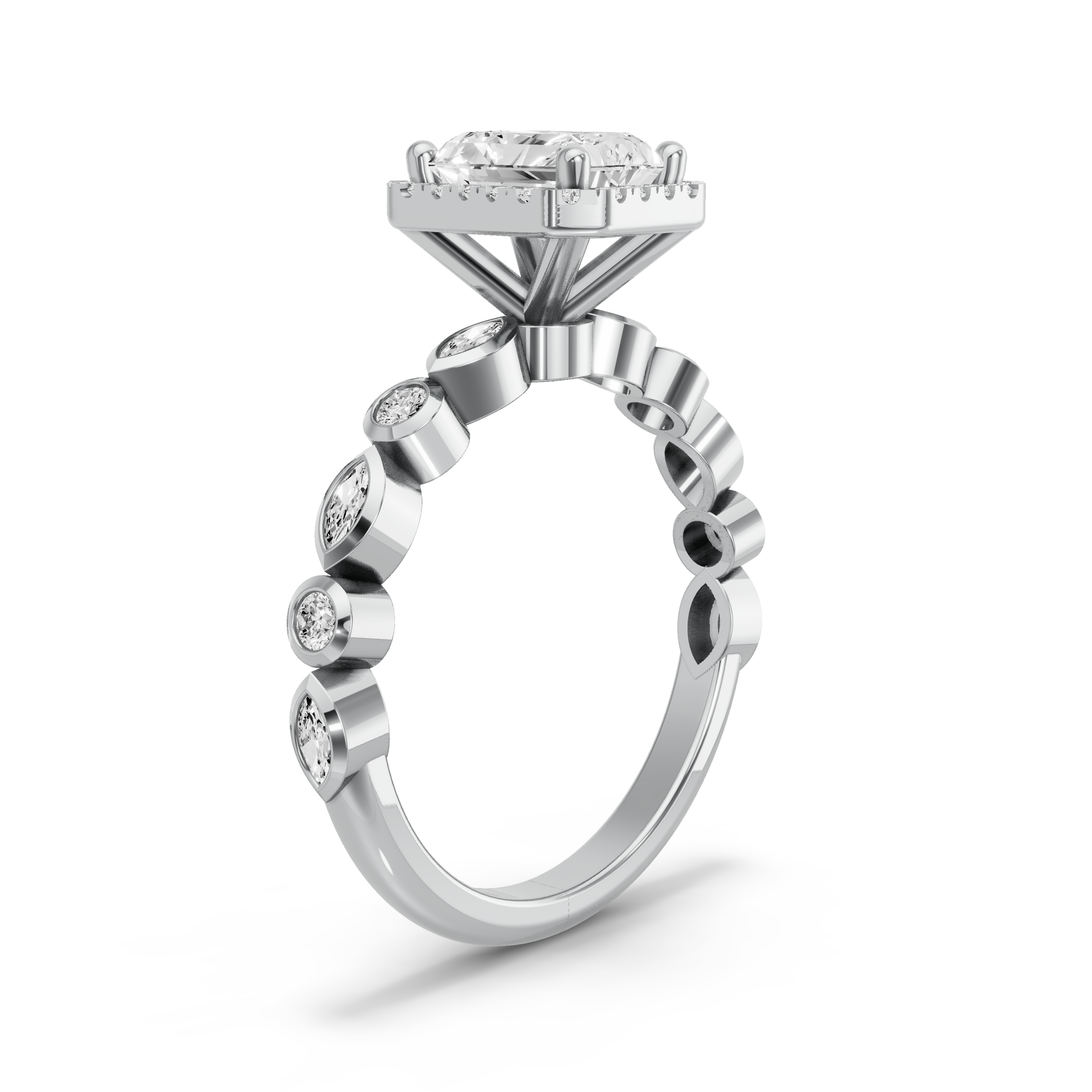 Image for Radiant Pave Halo Ring with Alternating Marquise band in 18K Two Tone Rose Gold