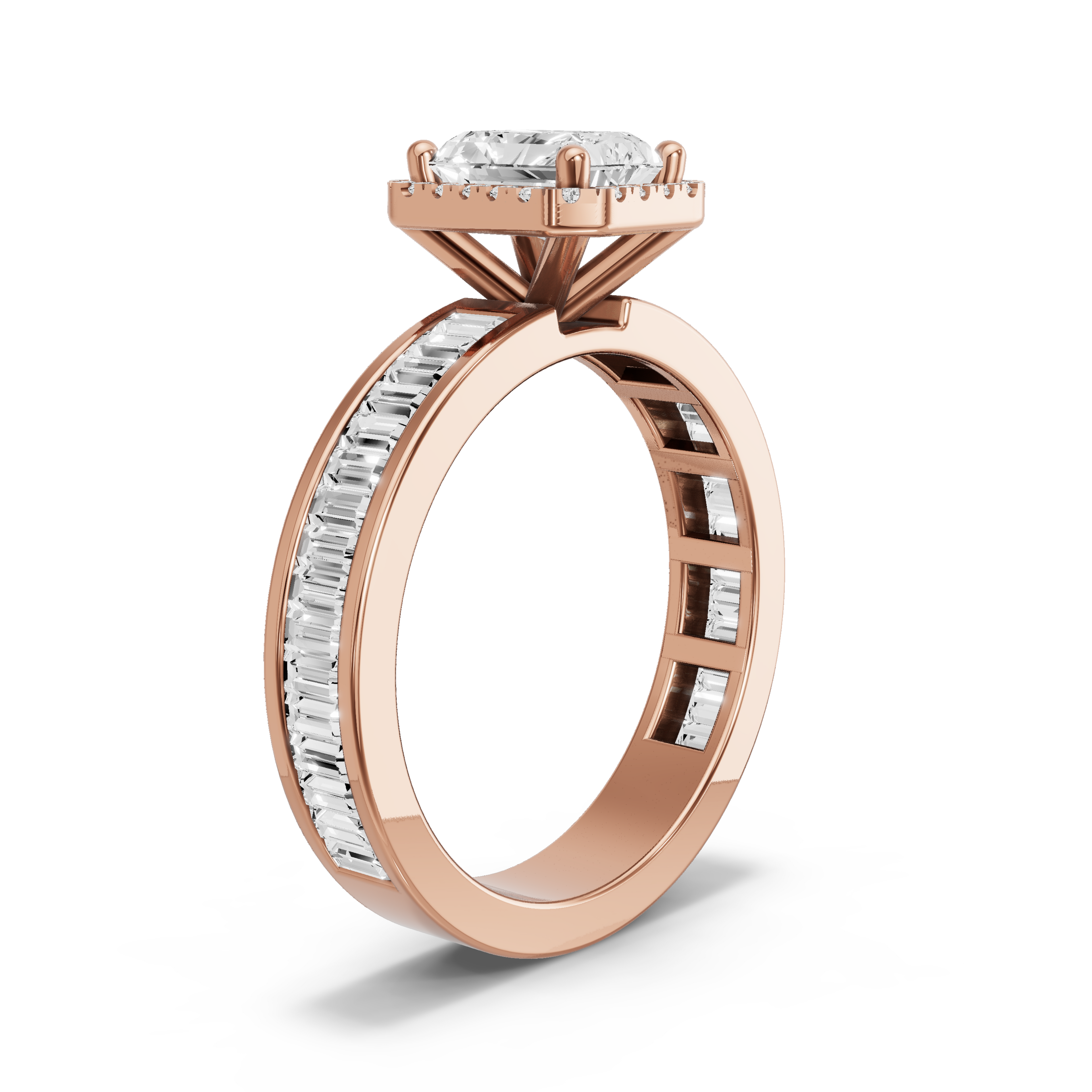 Image for Radiant Pave Halo Ring with Baguette Channel band in 10K Yellow Gold
