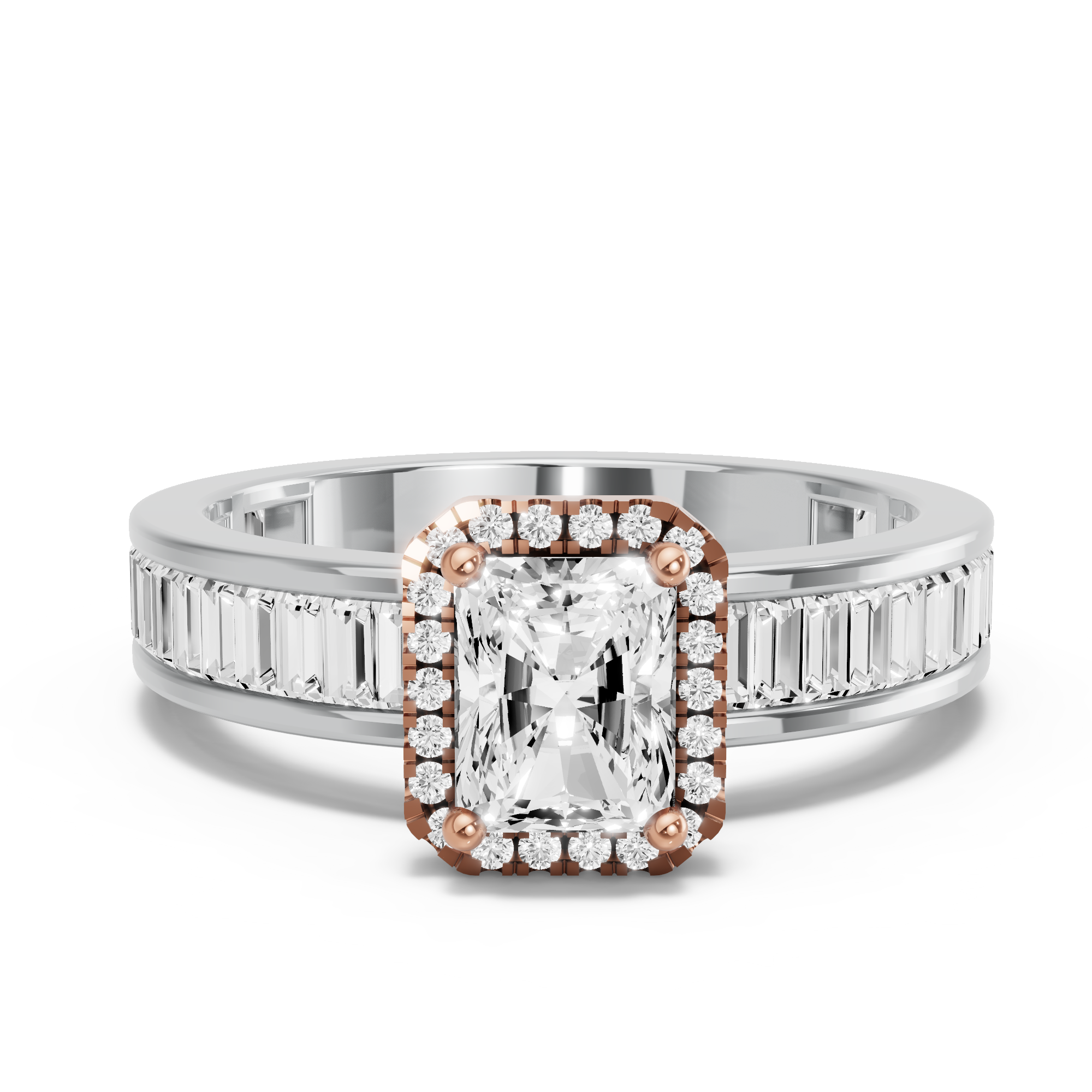 Image for Radiant Pave Halo Ring with Baguette Channel band in 10K Two Tone Yellow Gold
