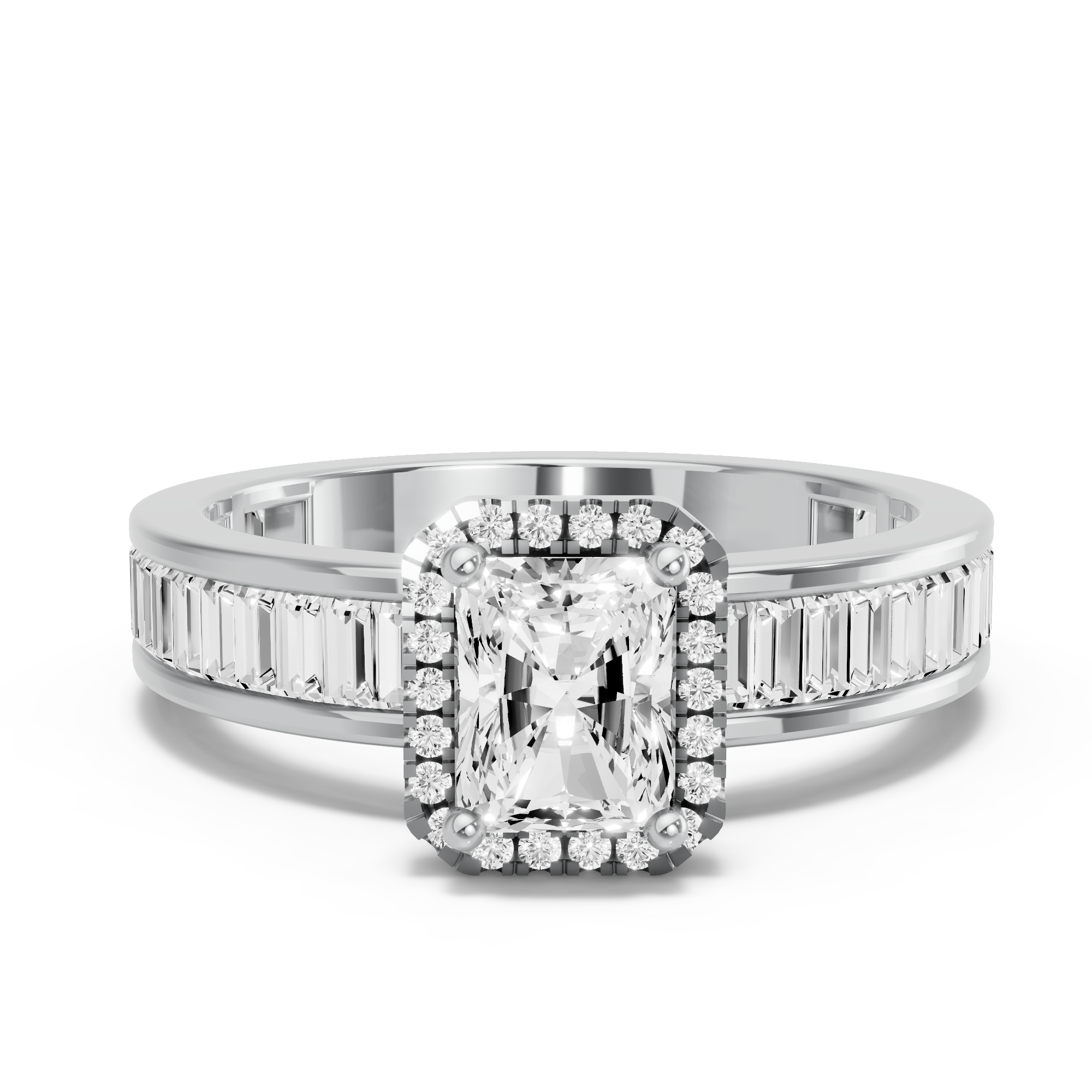 Image for Radiant Pave Halo Ring with Baguette Channel band in 18K Two Tone Rose Gold