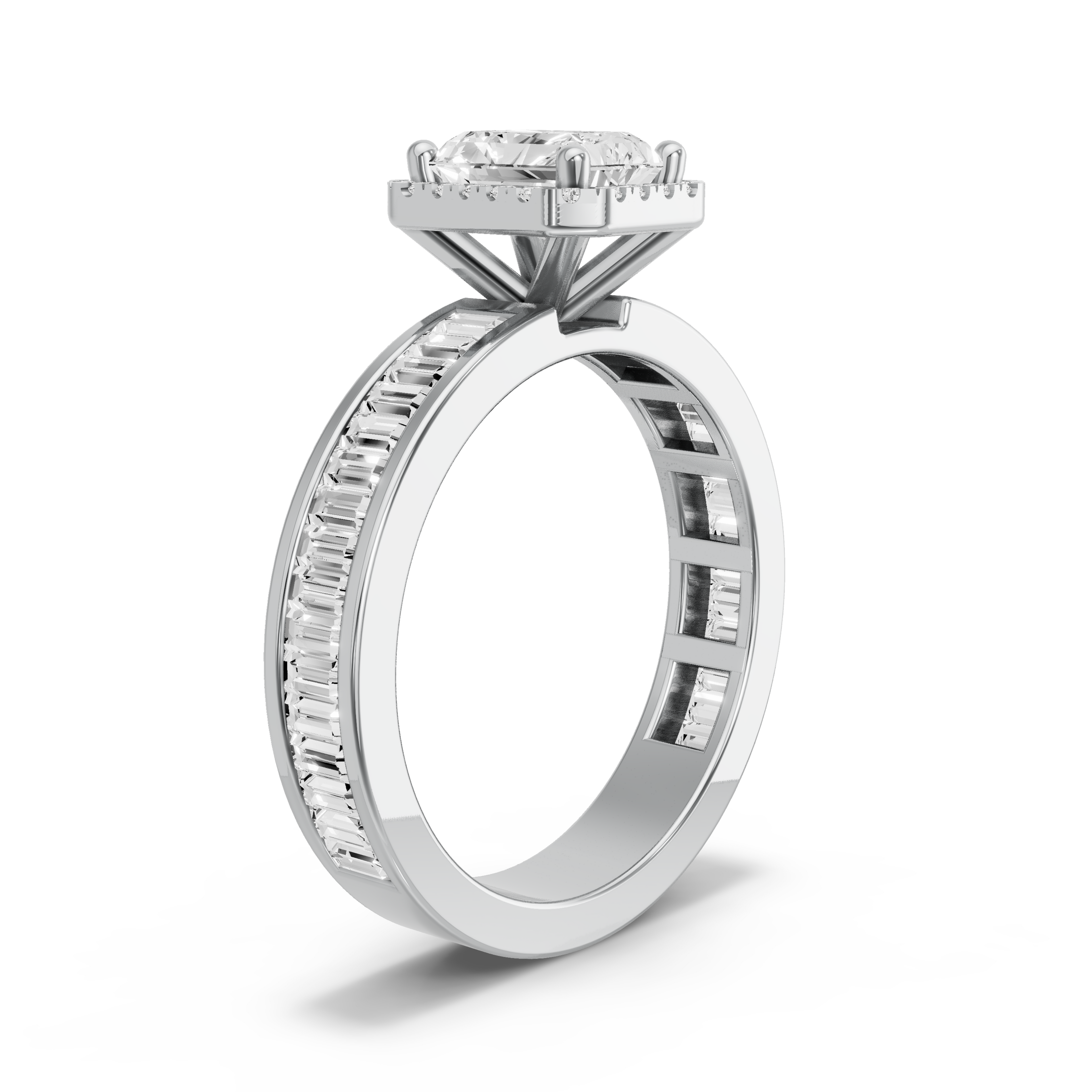 Image for Radiant Pave Halo Ring with Baguette Channel band in 14K Two Tone Rose Gold