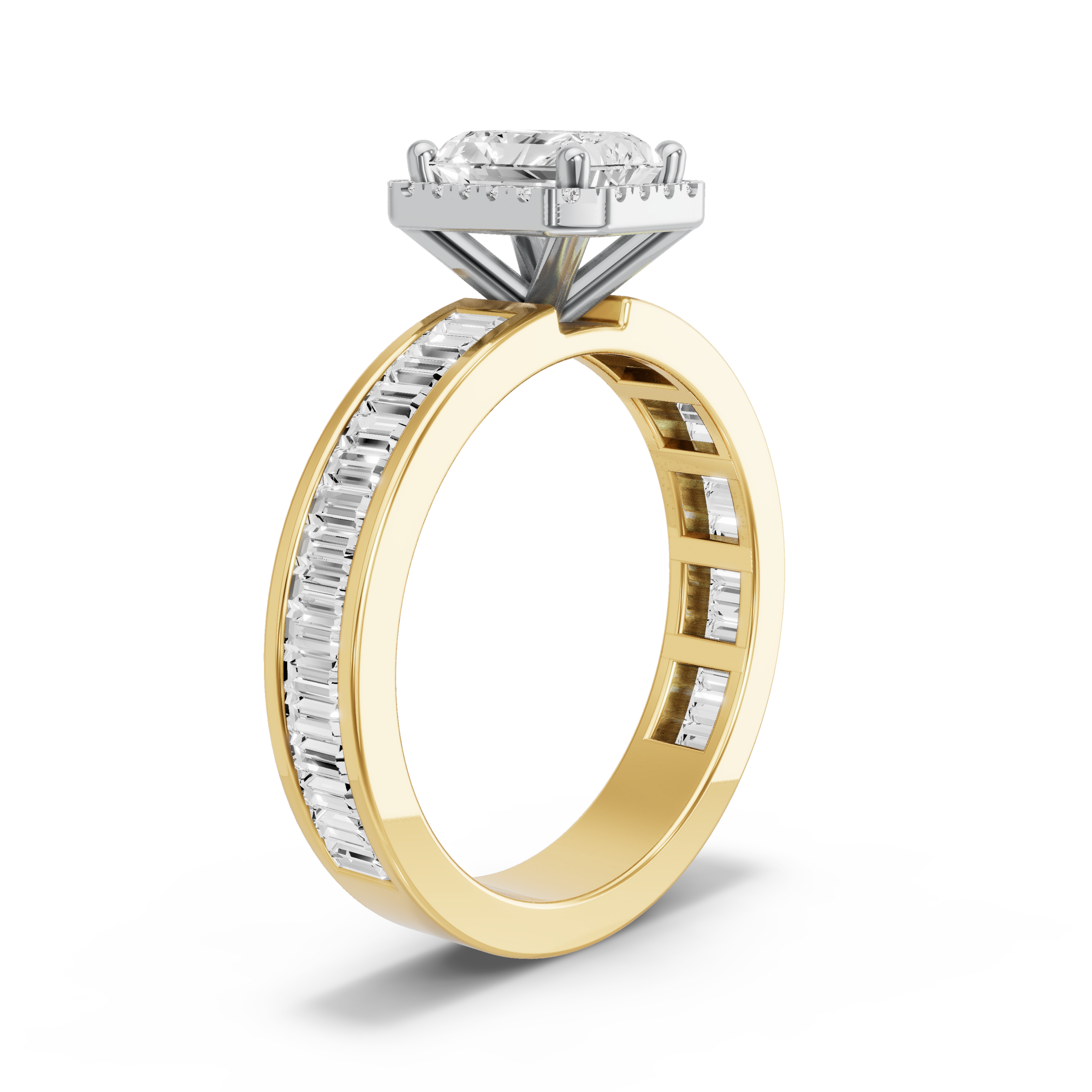 Image for Radiant Pave Halo Ring with Baguette Channel band in 10K Rose Gold