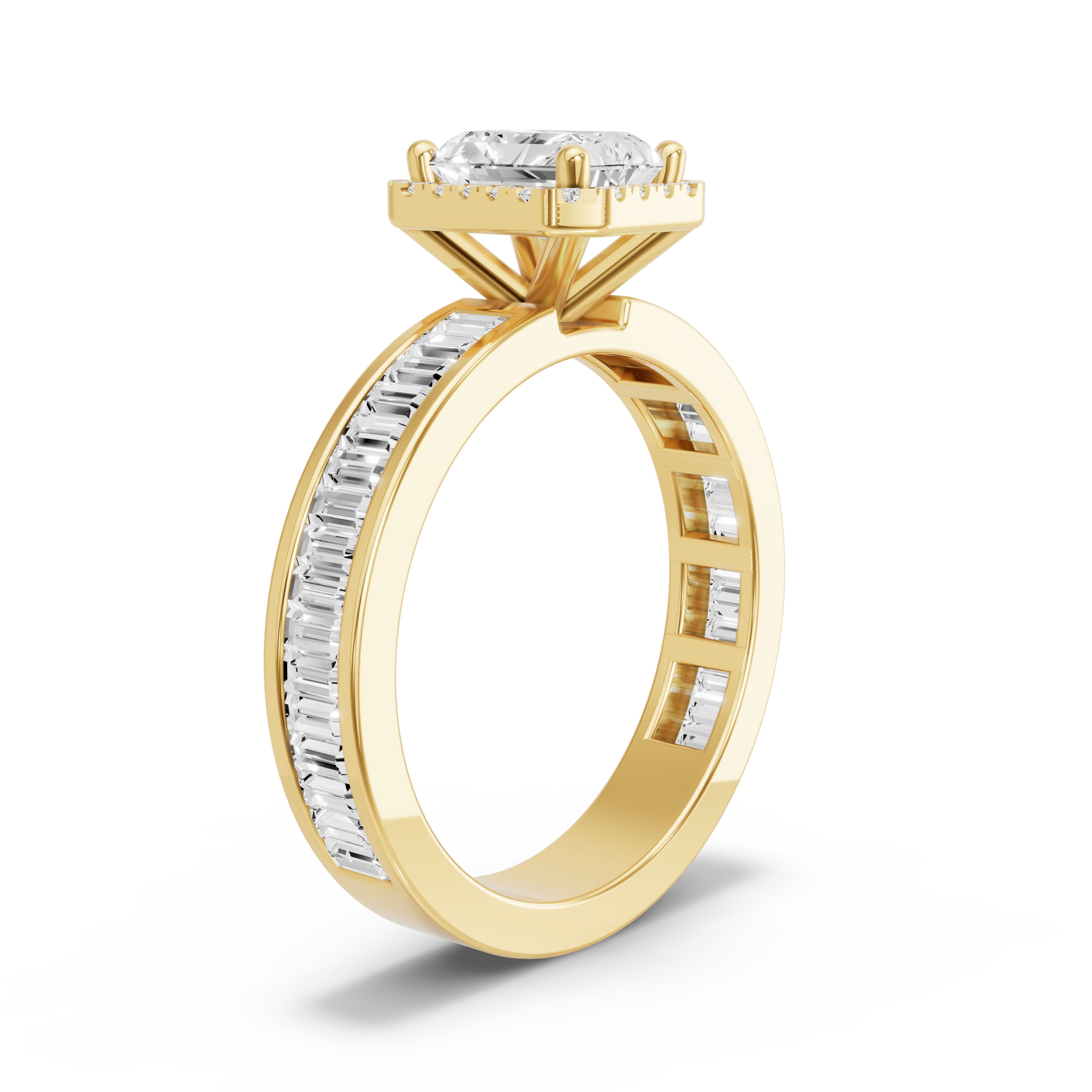 Image for Radiant Pave Halo Ring with Baguette Channel band in 18K White Gold