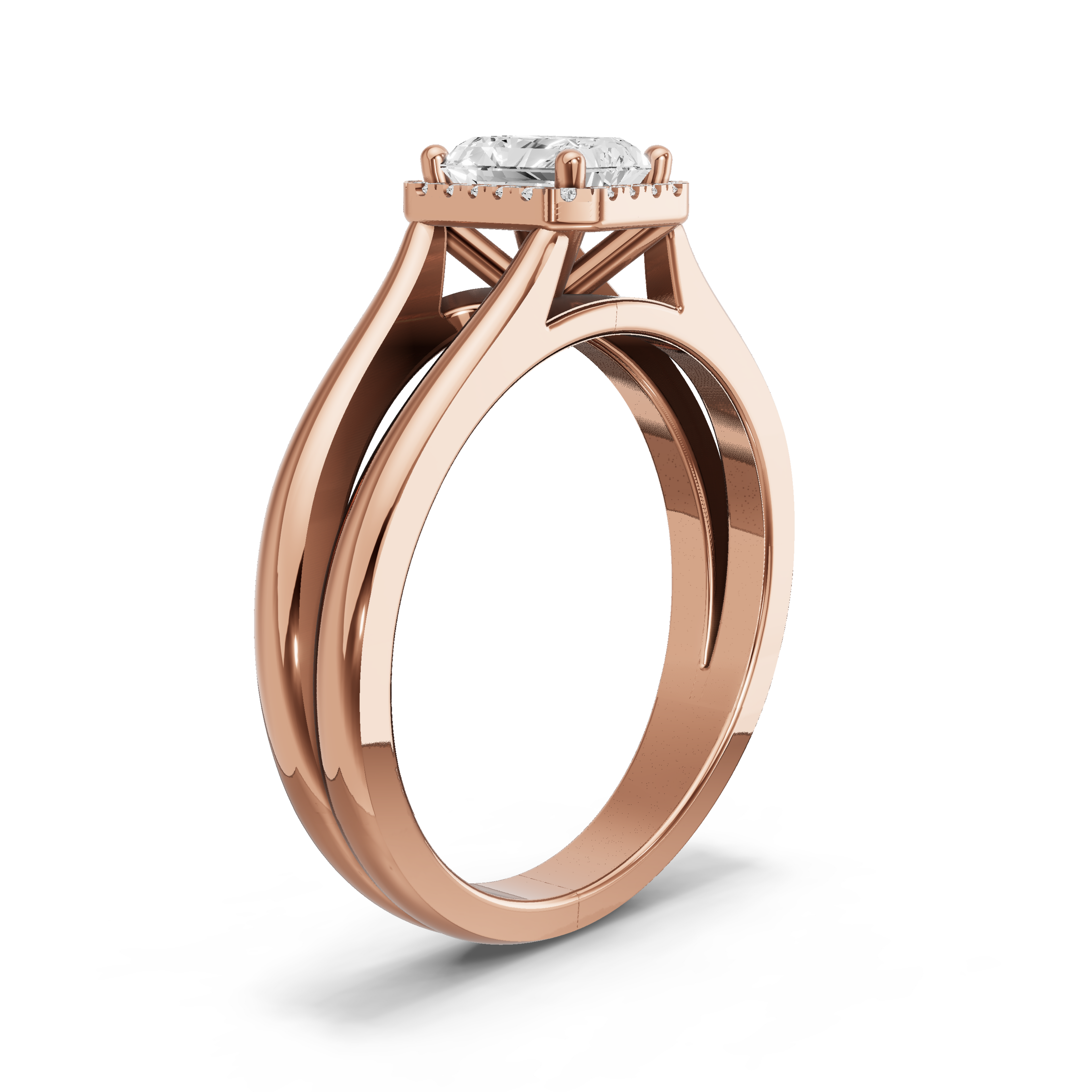 Image for Radiant Pave Halo Ring with Split Ring Solitaire band in 18K Yellow Gold