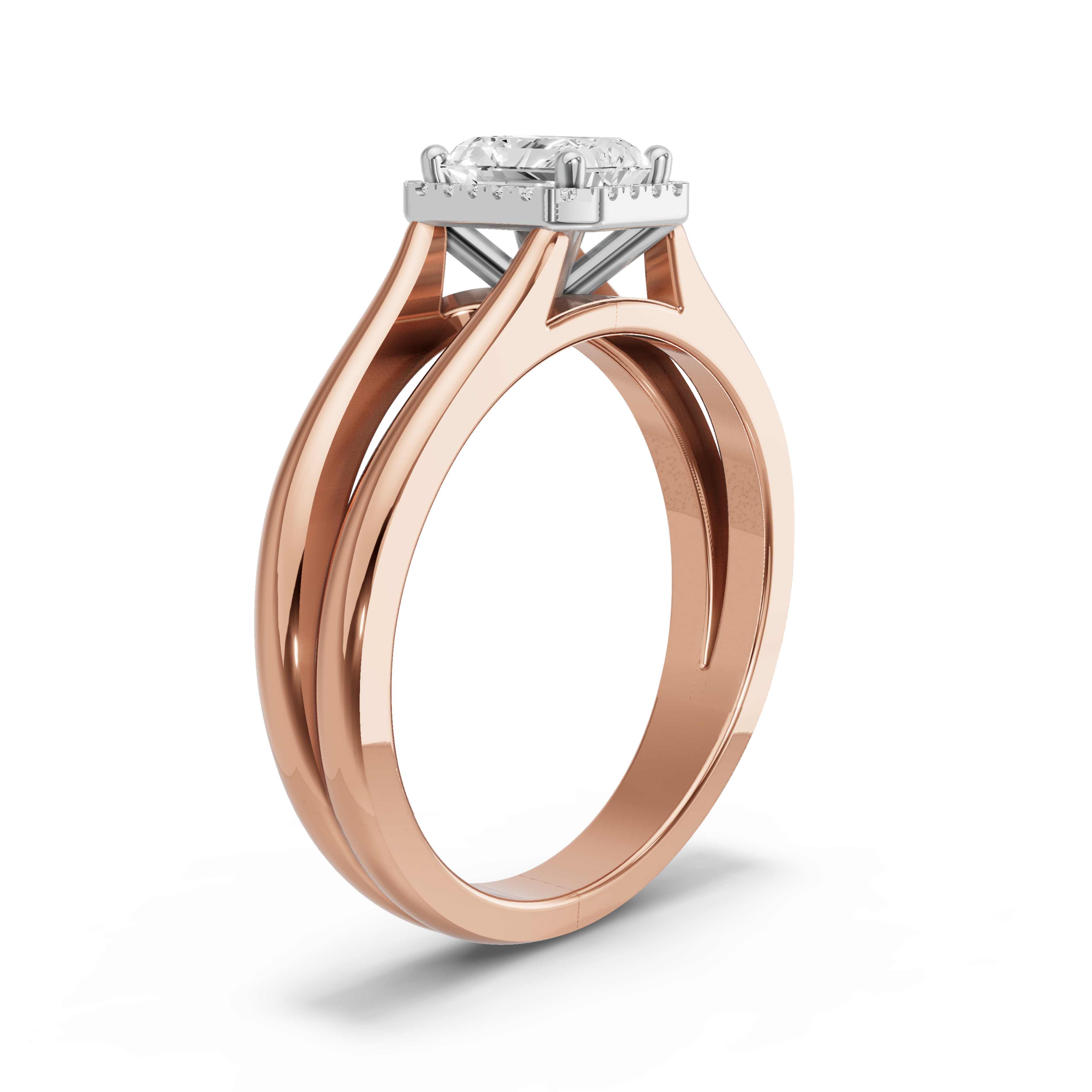 Image for Radiant Pave Halo Ring with Split Ring Solitaire band in 10K Two Tone Yellow Gold