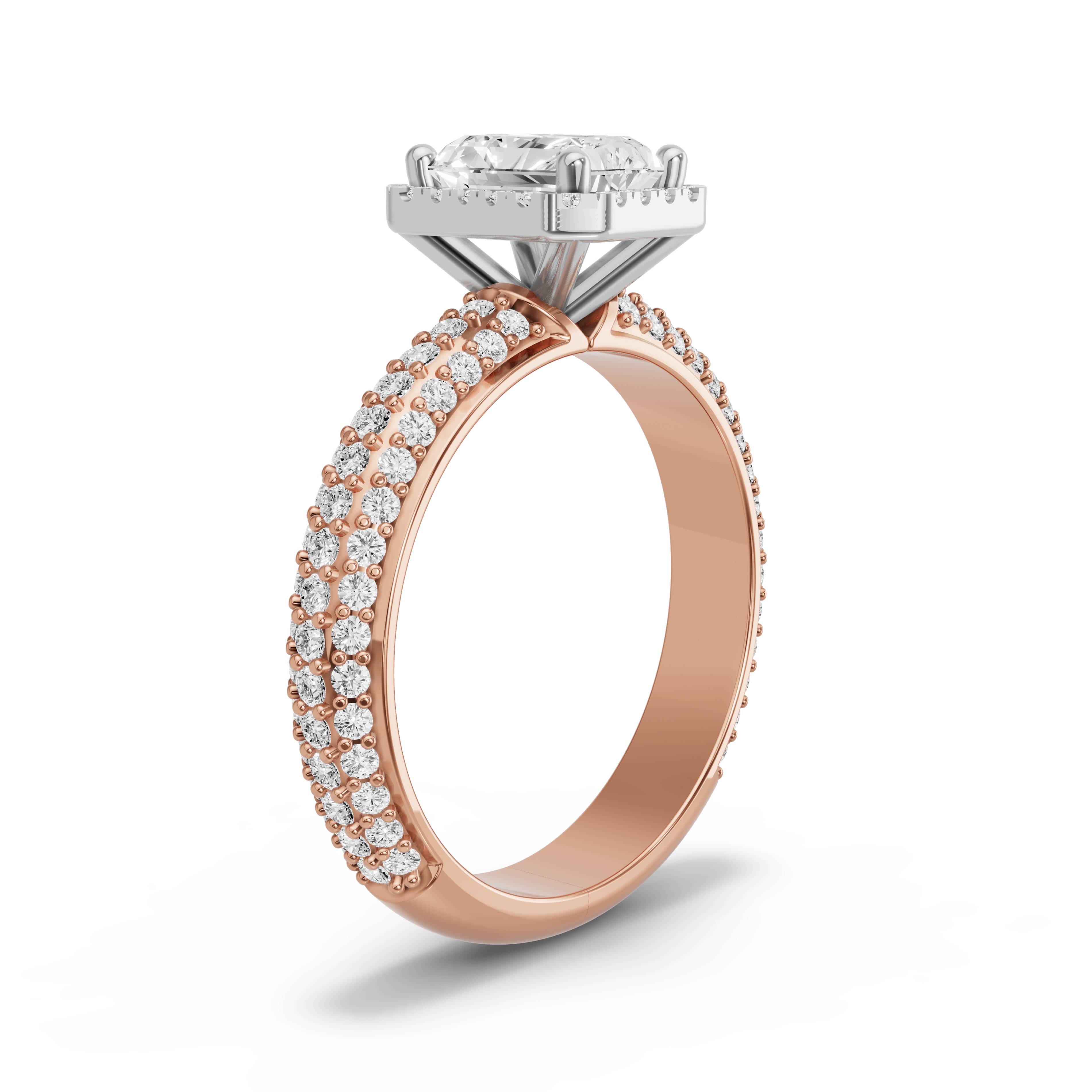 Image for Radiant Pave Halo Ring with Triple Row Pave band in 14K Two Tone Yellow Gold