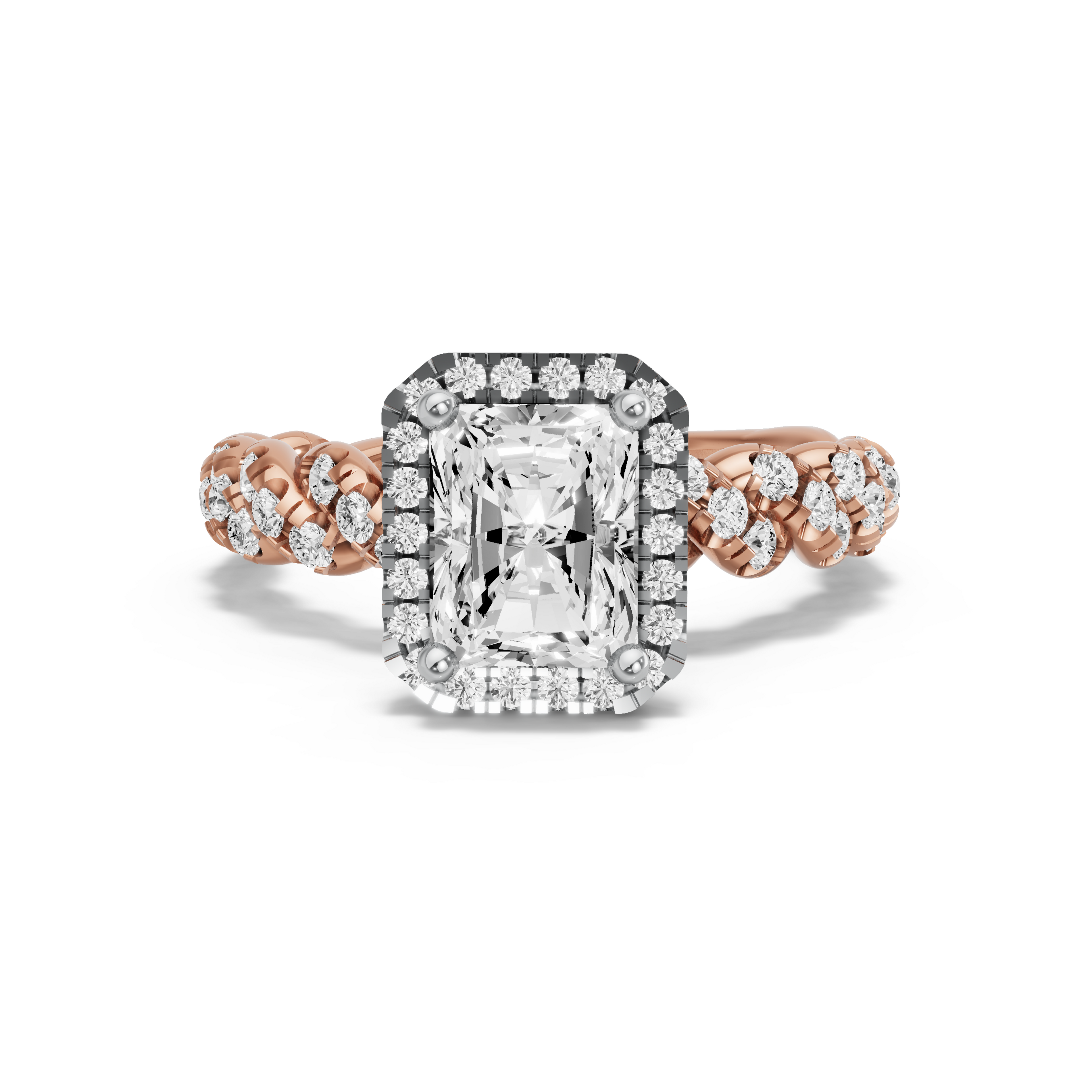 Image for Radiant Pave Halo Ring with Twist Pave band in 18K Two Tone Rose Gold