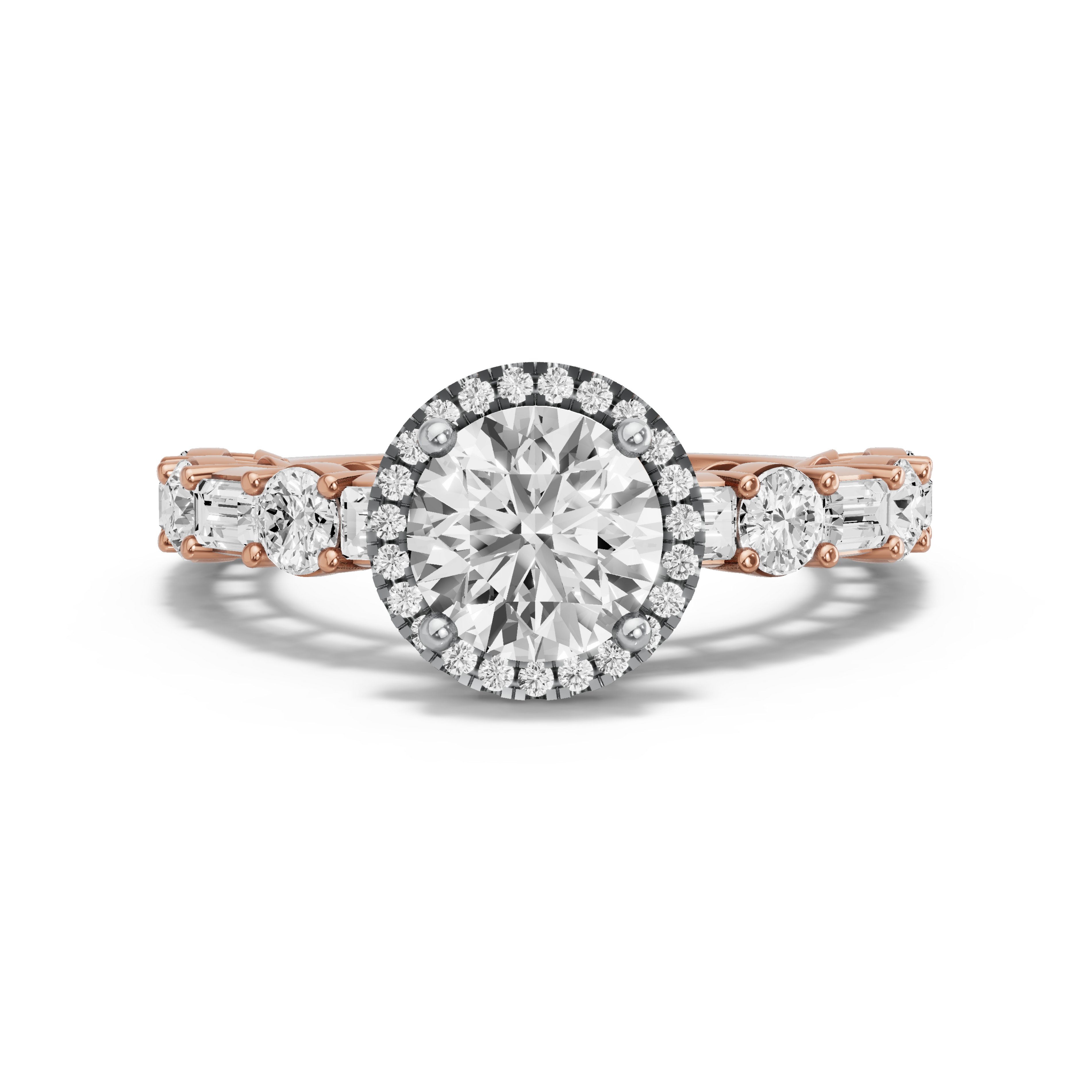 Image for Round Pave Halo Ring with Alternating Baguette band in 18K Two Tone Rose Gold