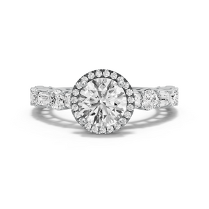 Image for Round Pave Halo Ring with Alternating Baguette band in 14K White Gold