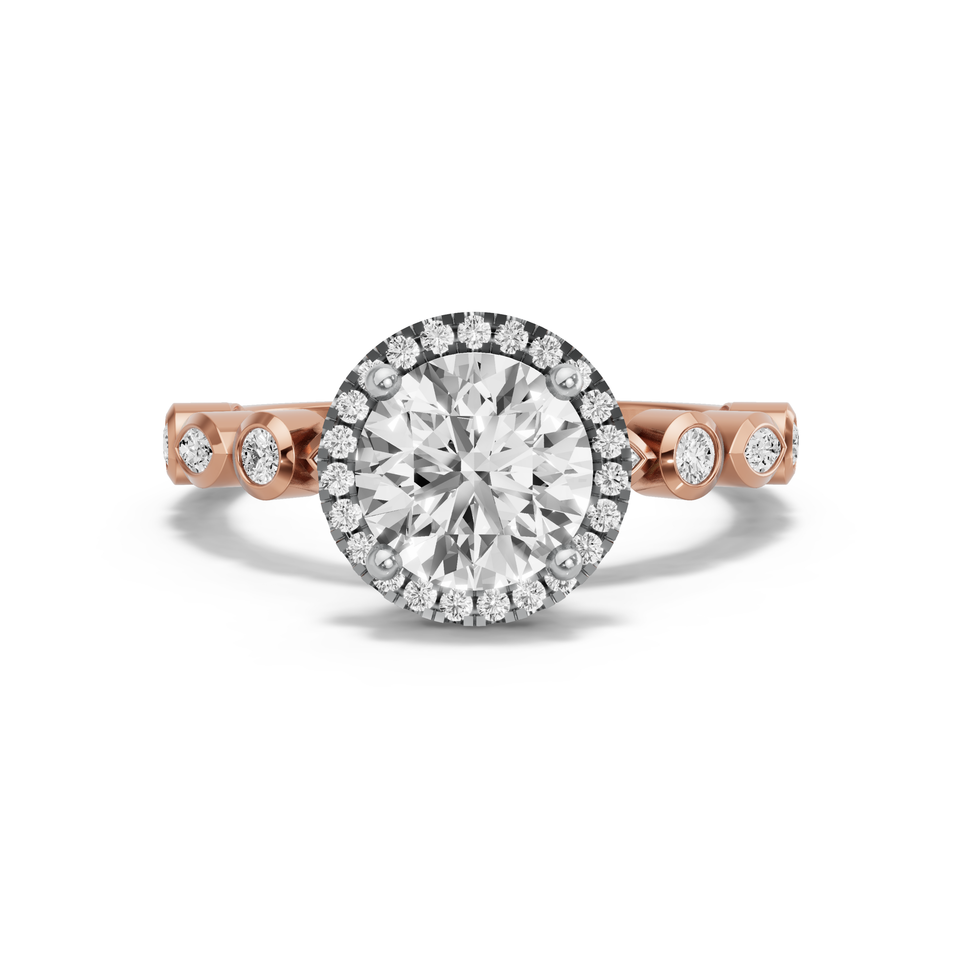 Image for Round Pave Halo Ring with Alternating Marquise band in 10K Two Tone Rose Gold