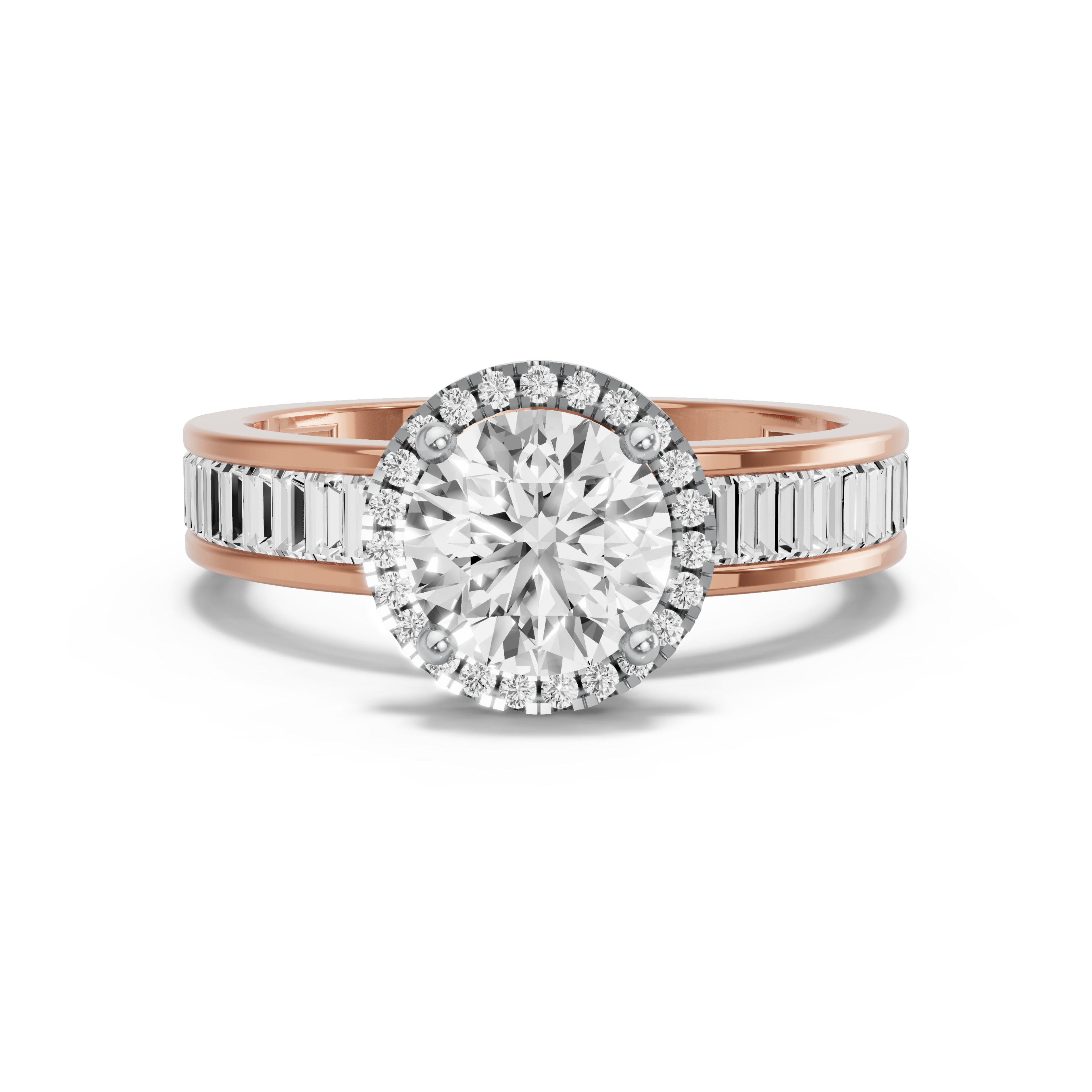 Image for Round Pave Halo Ring with Baguette Channel band in 14K Two Tone Rose Gold