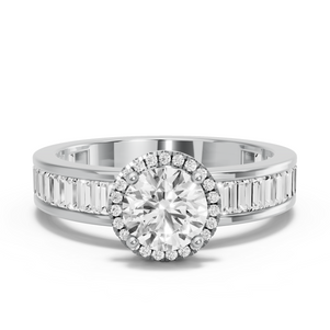 Image for Round Pave Halo Ring with Baguette Channel band