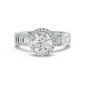 Image for Round Pave Halo Ring with Baguette Channel band in 14K White Gold