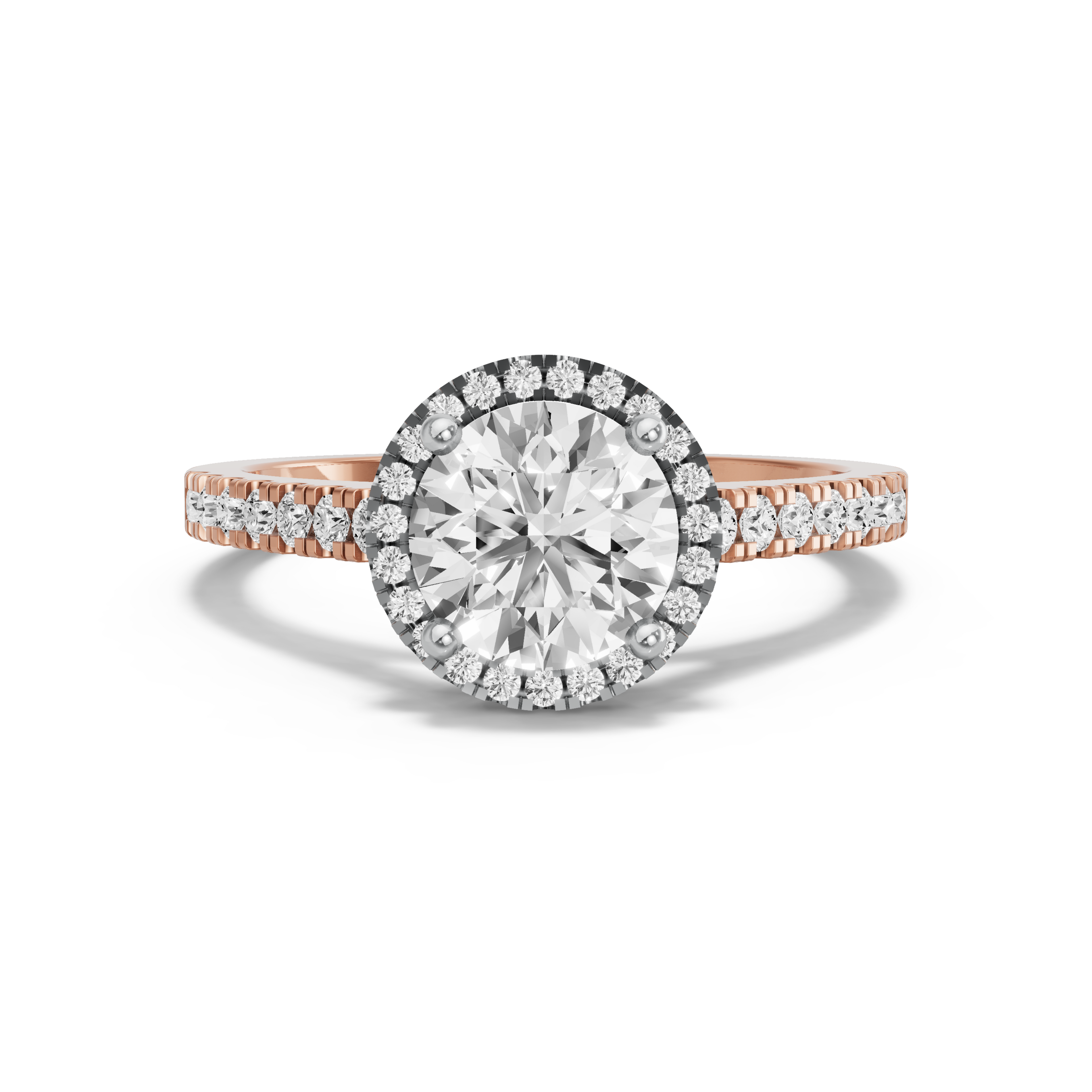 Image for Round Pave Halo Ring with Cathedral Pave band in 14K Two Tone Rose Gold
