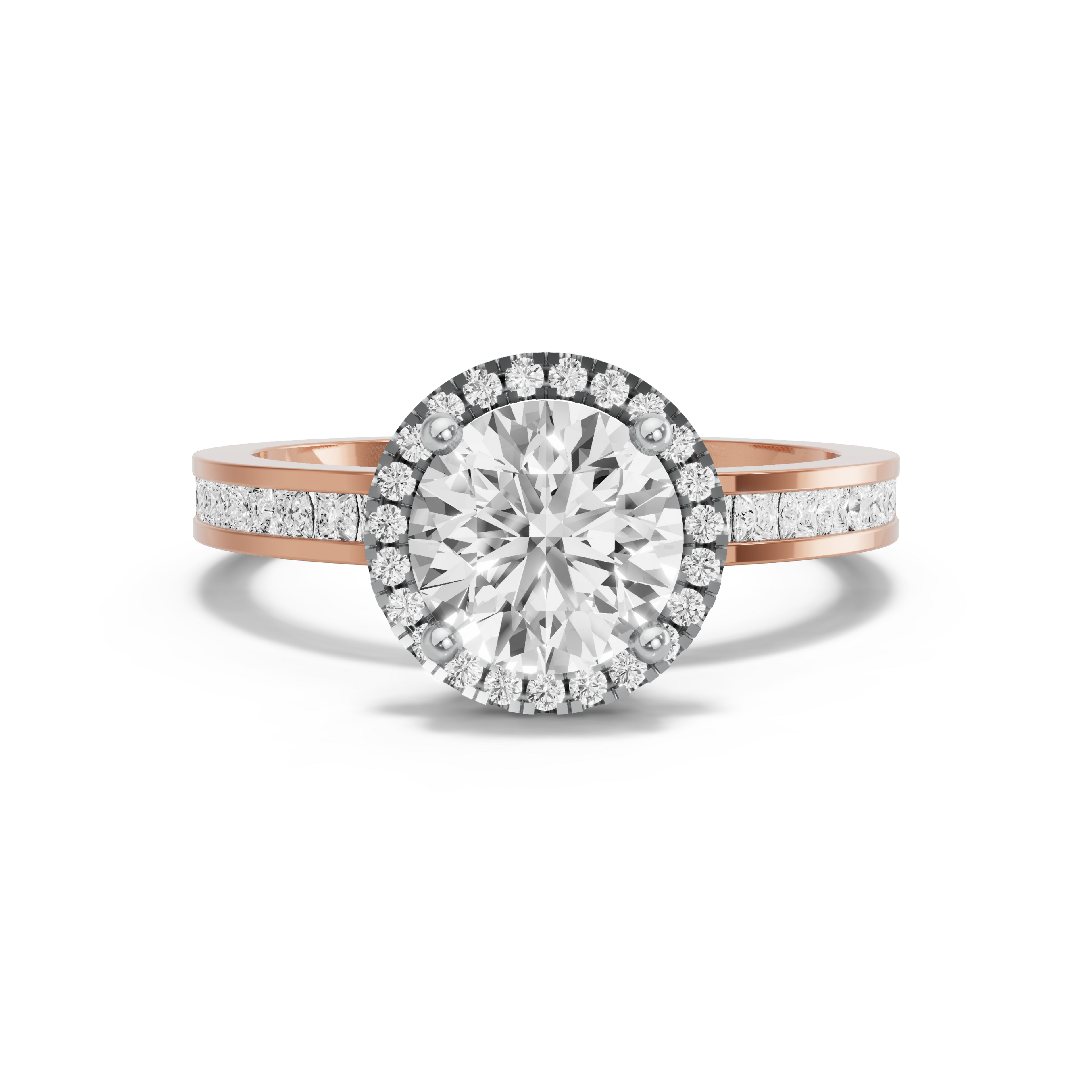 Image for Round Pave Halo Ring with Channel band in 18K Two Tone Rose Gold