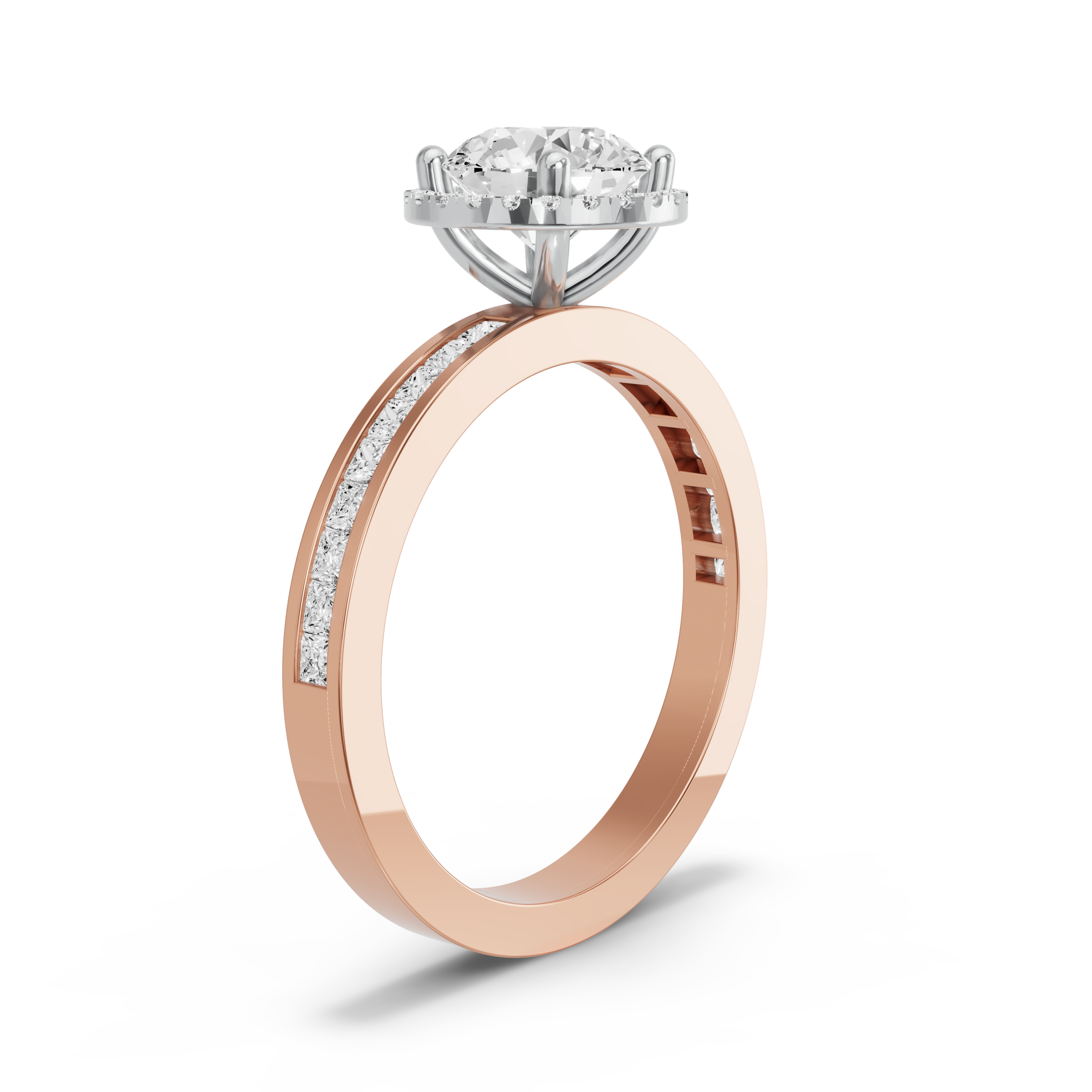 Image for Round Pave Halo Ring with Channel band in 14K Two Tone Rose Gold