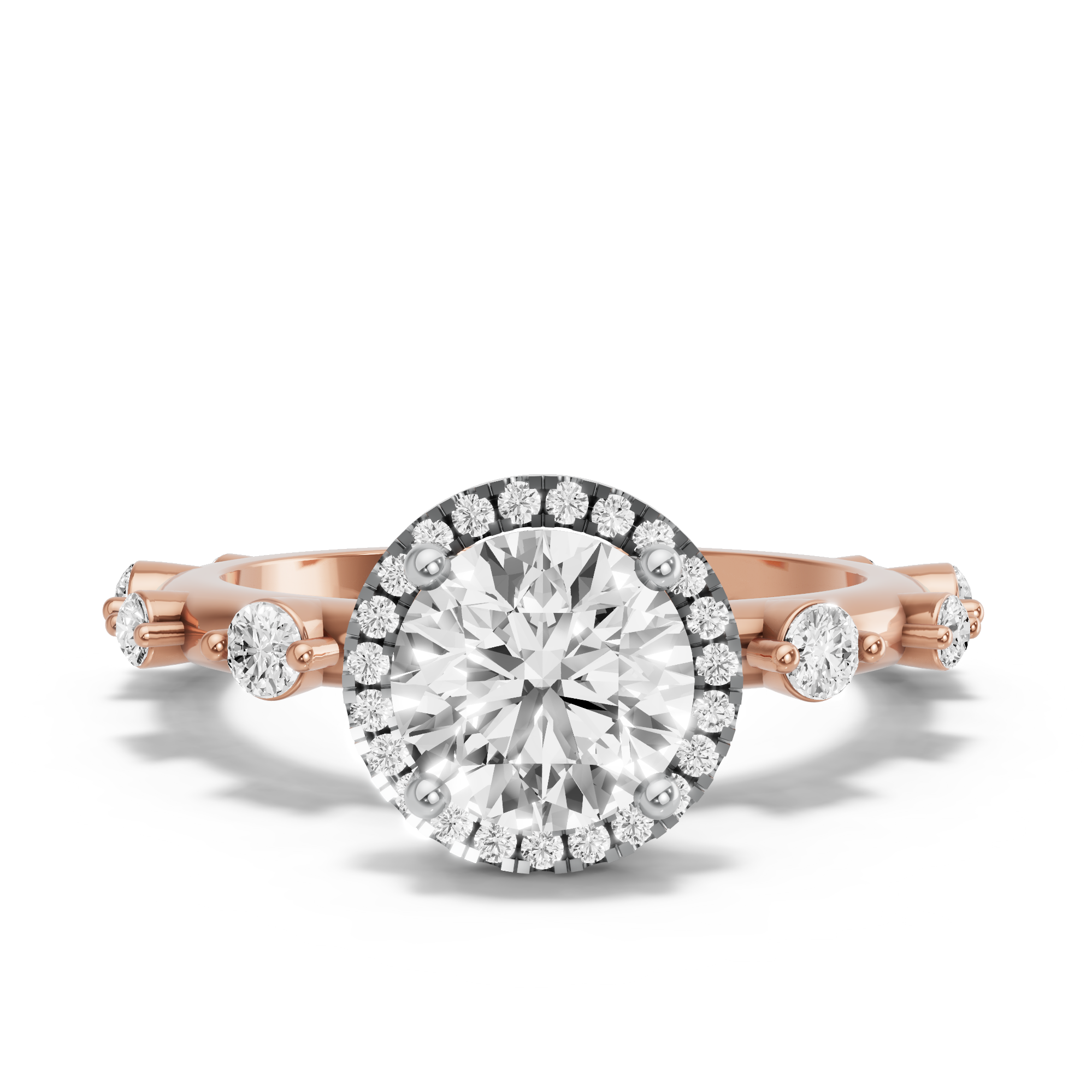 Image for Round Pave Halo Ring with Floating Station band in 10K Two Tone Rose Gold