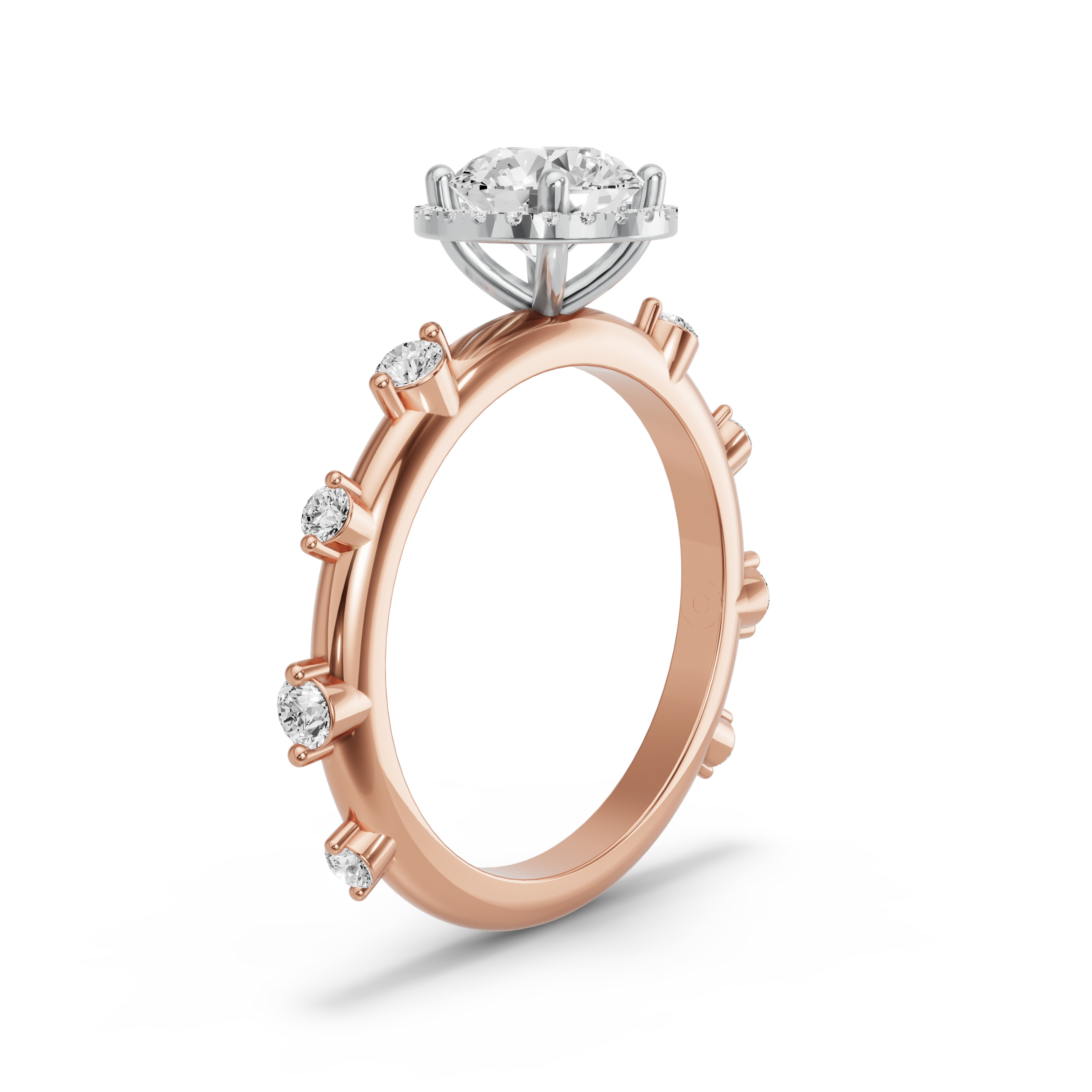 Image for Round Pave Halo Ring with Floating Station band in 14K Two Tone Rose Gold