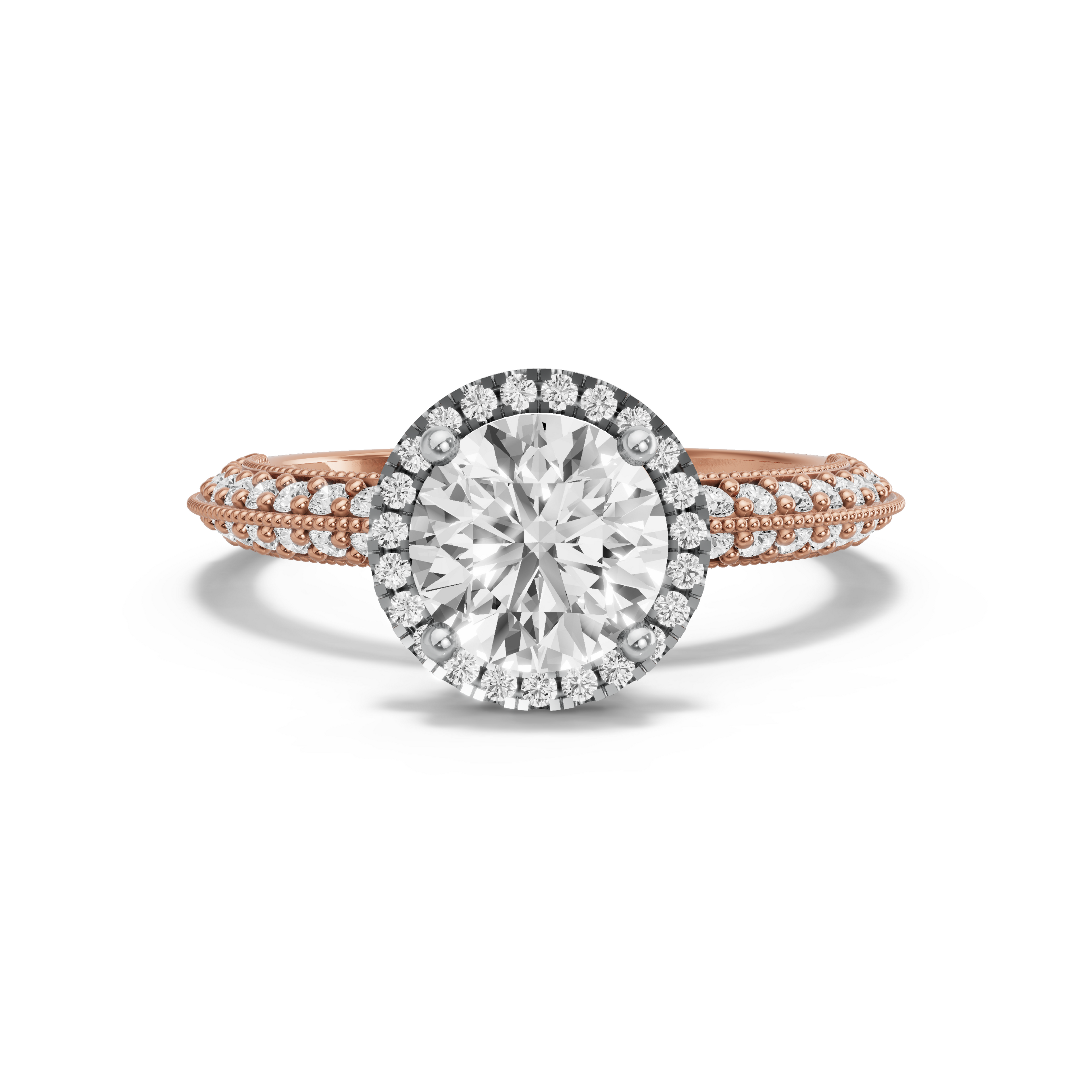 Image for Round Pave Halo Ring with Knife Edge Pave band in 10K Two Tone Rose Gold