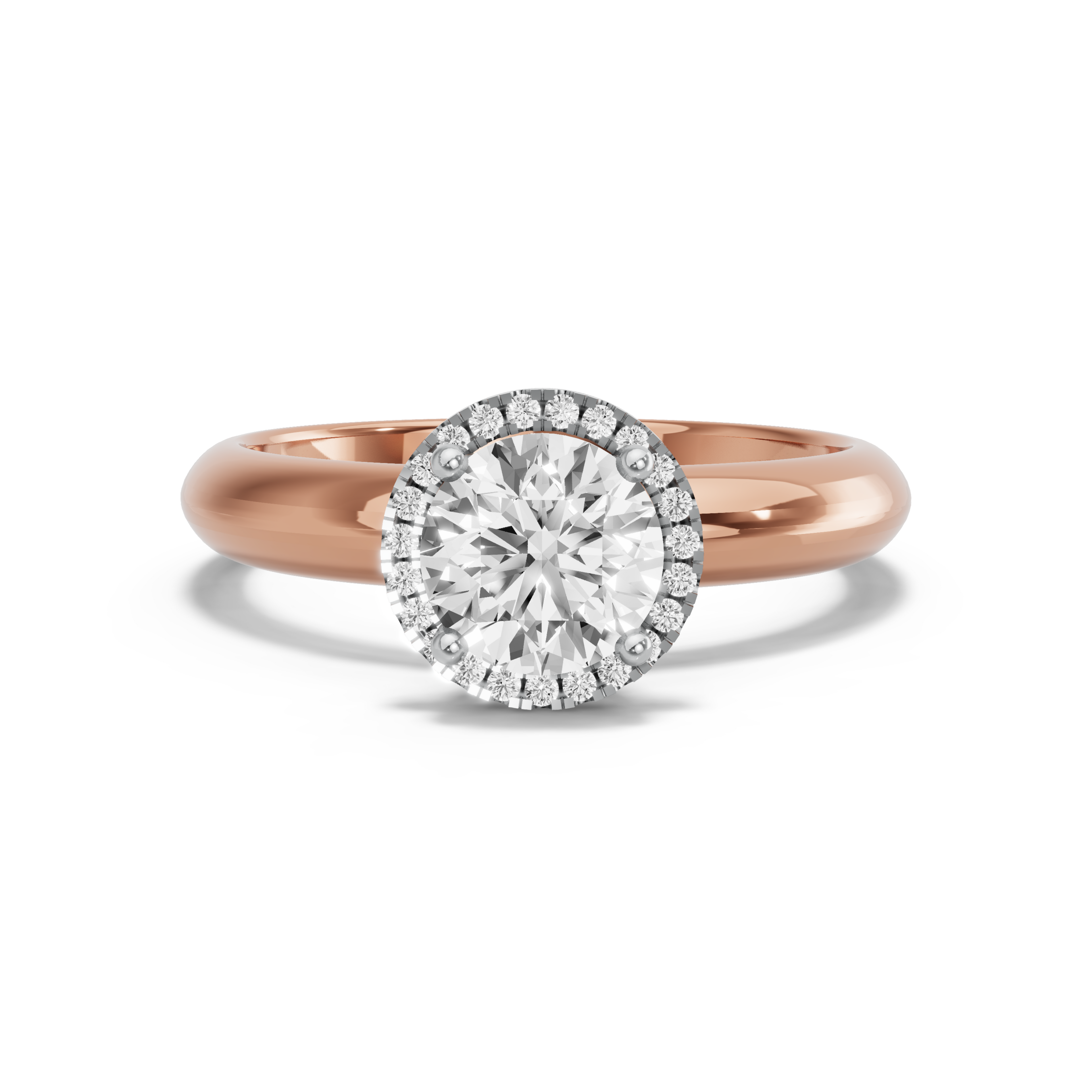 Image for Round Pave Halo Ring with Knife Edge Solitaire band in 14K Two Tone Rose Gold