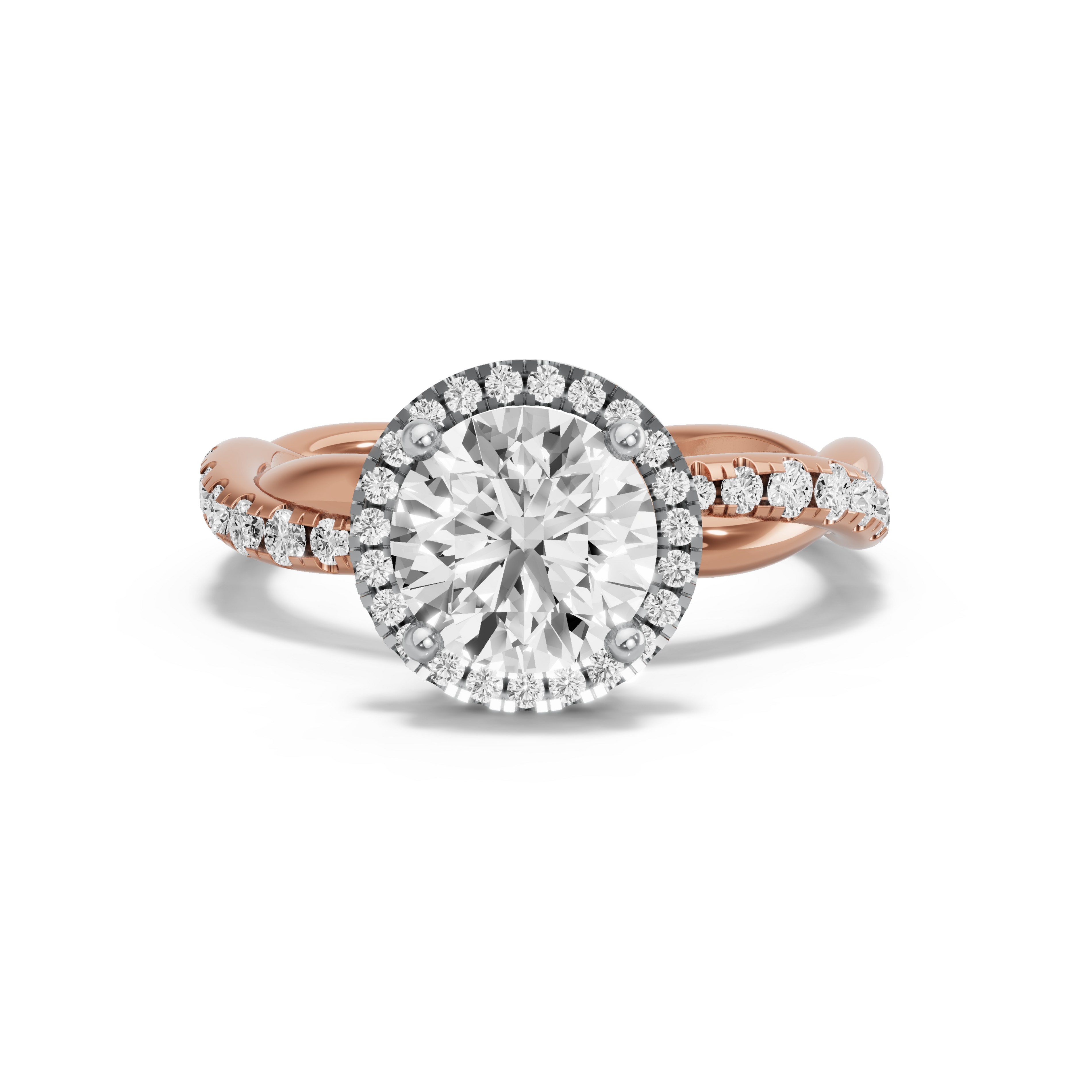Image for Round Pave Halo Ring with Rope Pave band in 14K Two Tone Rose Gold