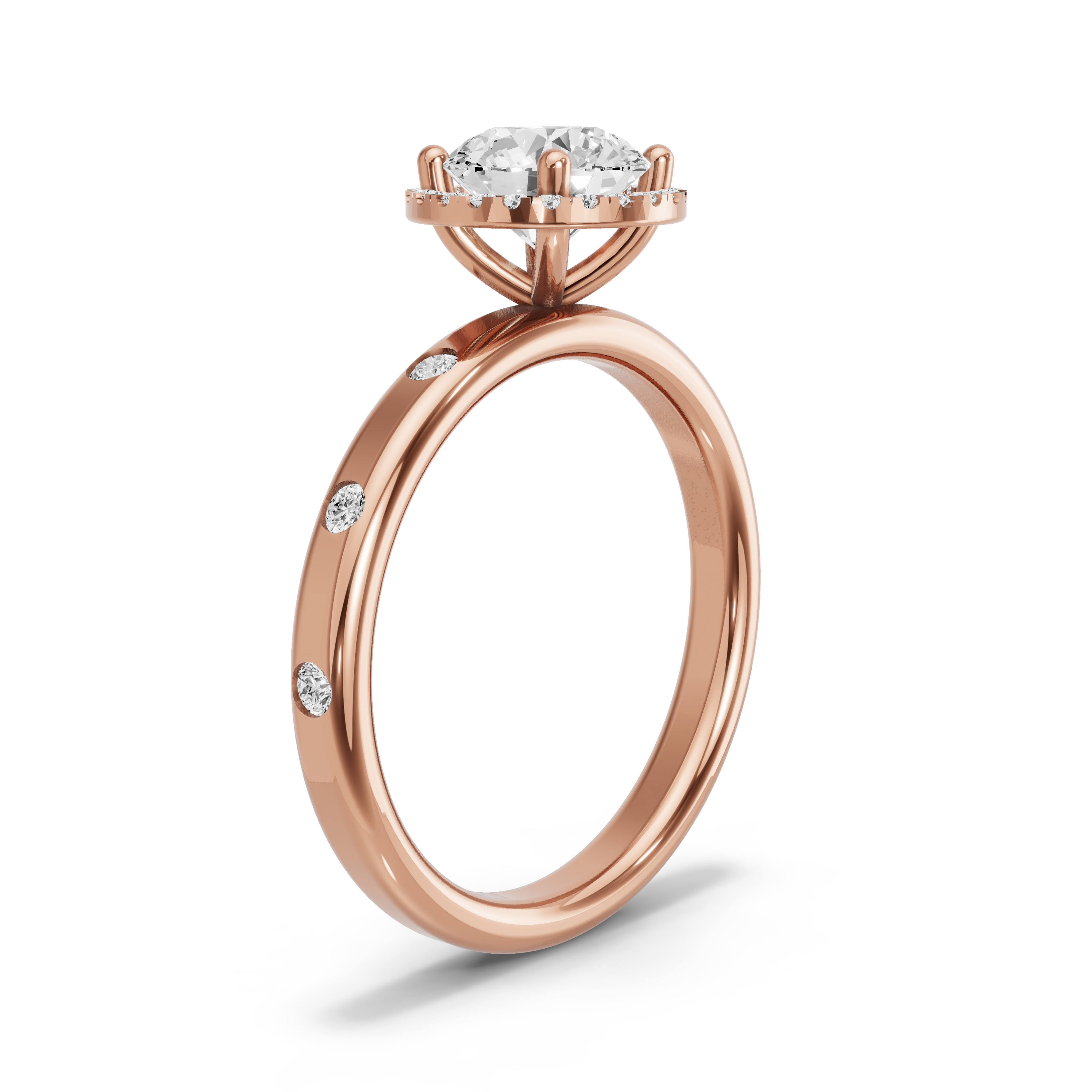 Image for Round Pave Halo Ring with Sleek Accent band in 18K Rose Gold