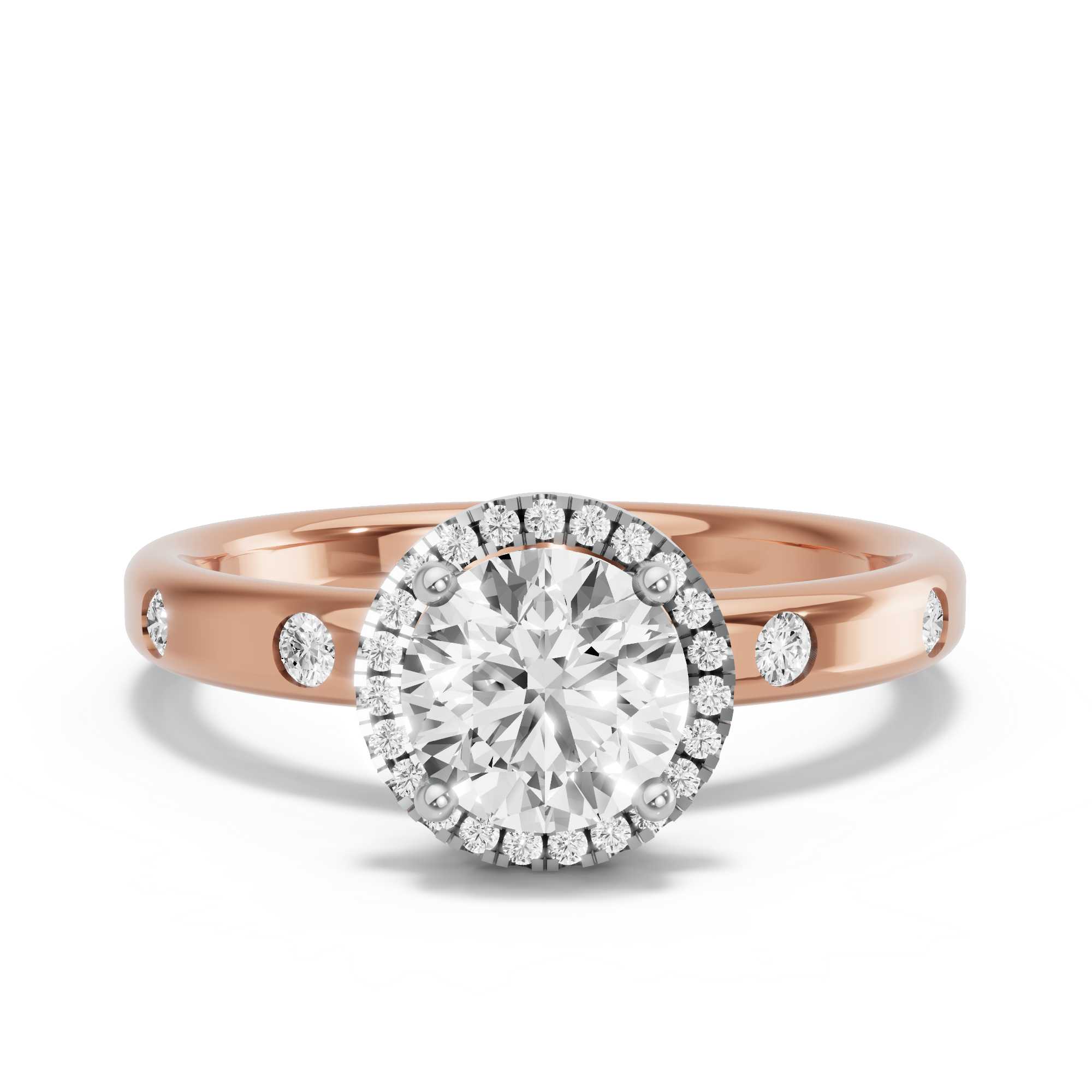 Image for Round Pave Halo Ring with Sleek Accent band in 14K Two Tone Rose Gold