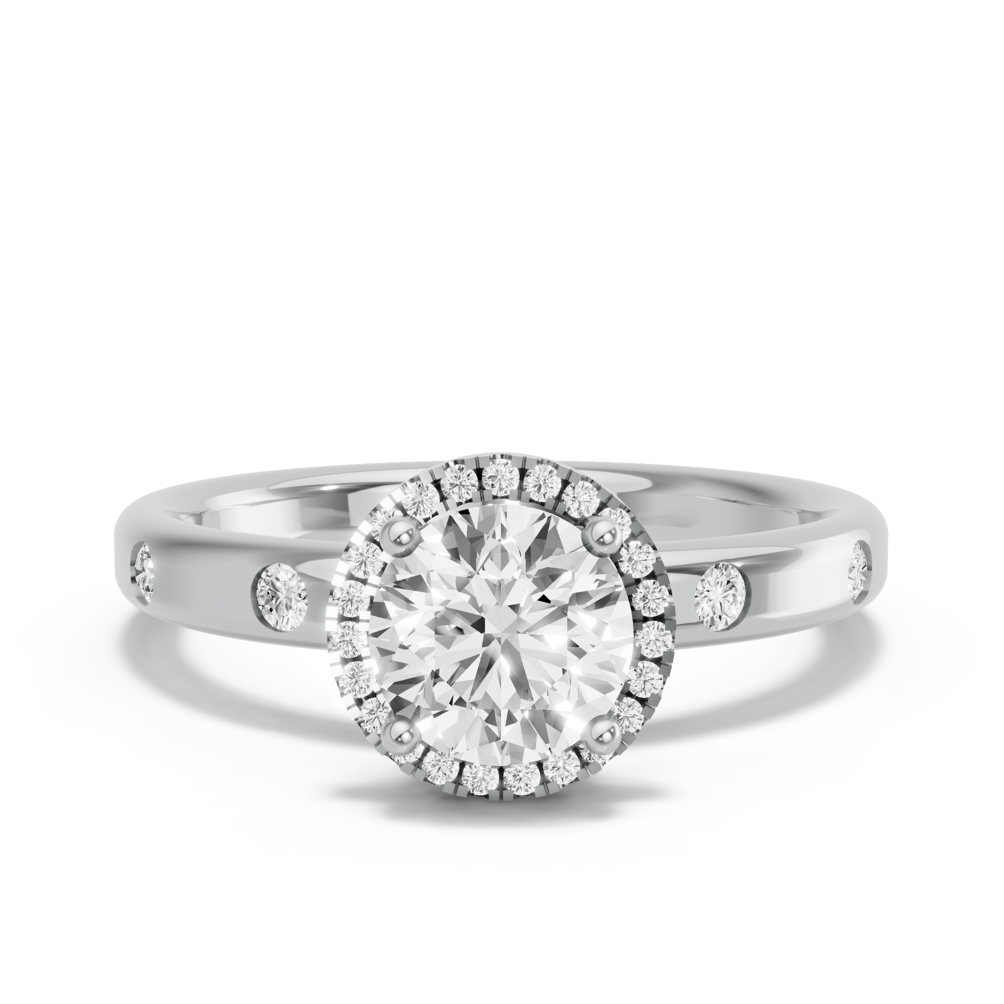 Image for Round Pave Halo Ring with Sleek Accent band in 14K White Gold