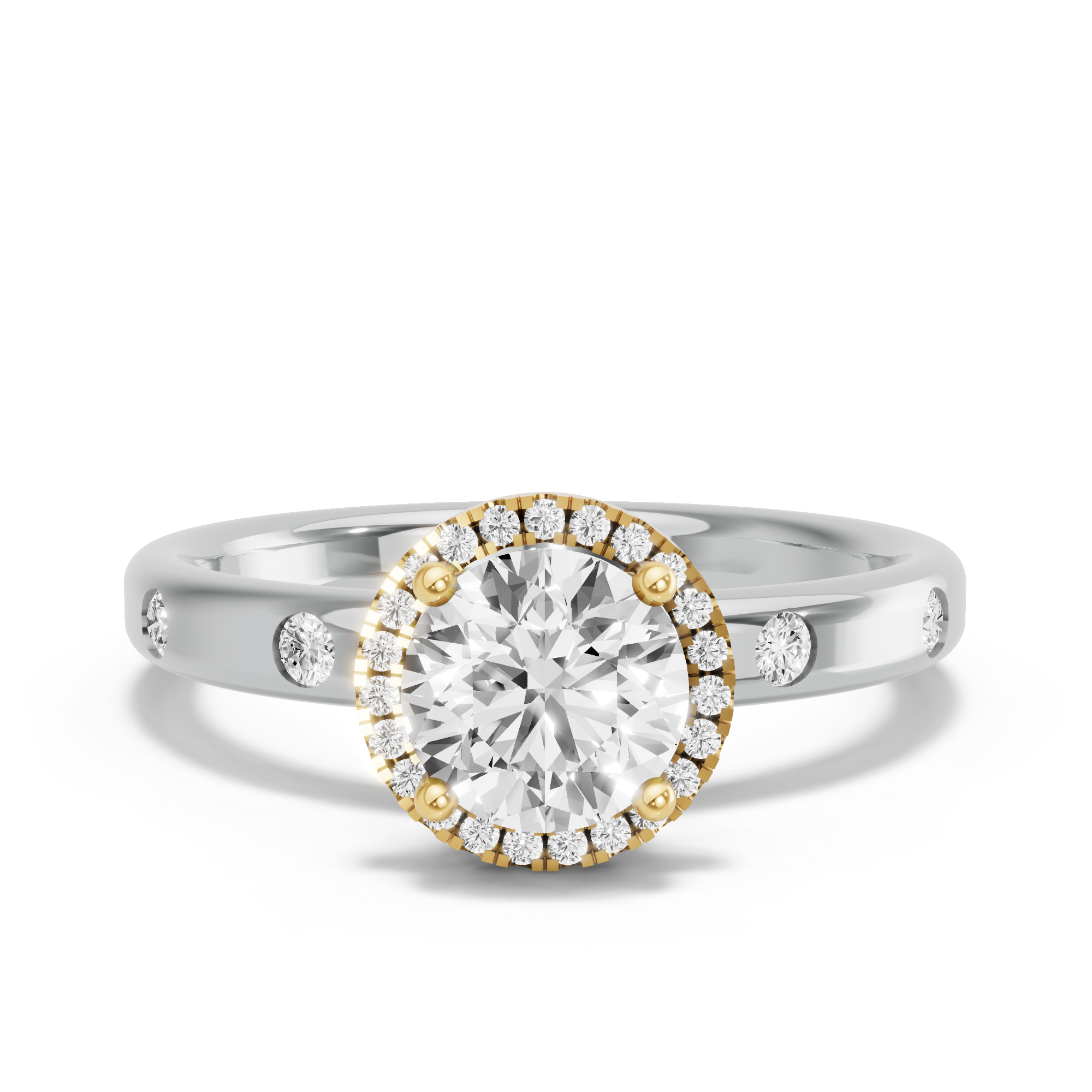Image for Round Pave Halo Ring with Sleek Accent band in 10K Two Tone Yellow Gold