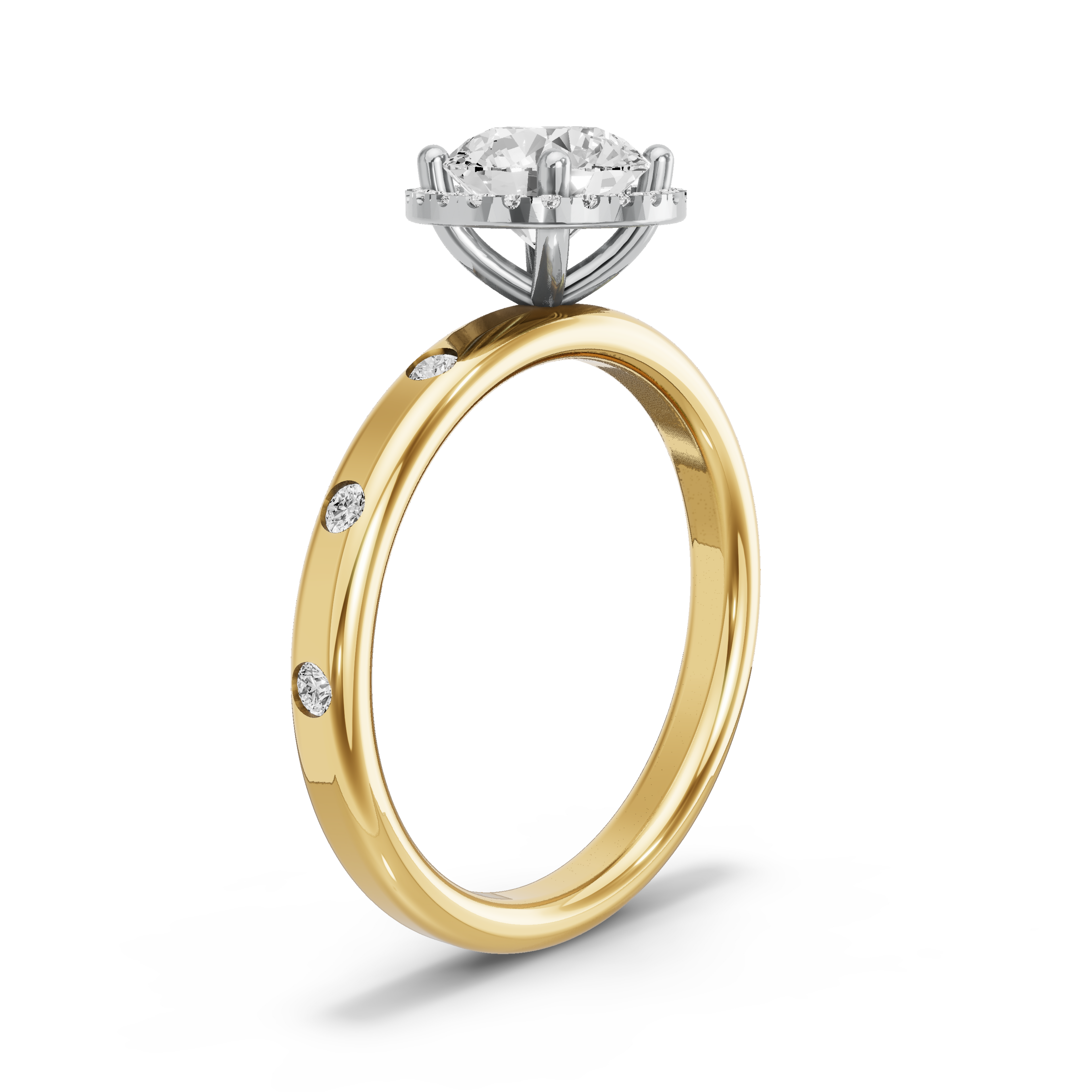 Image for Round Pave Halo Ring with Sleek Accent band in 18K Two Tone Yellow Gold