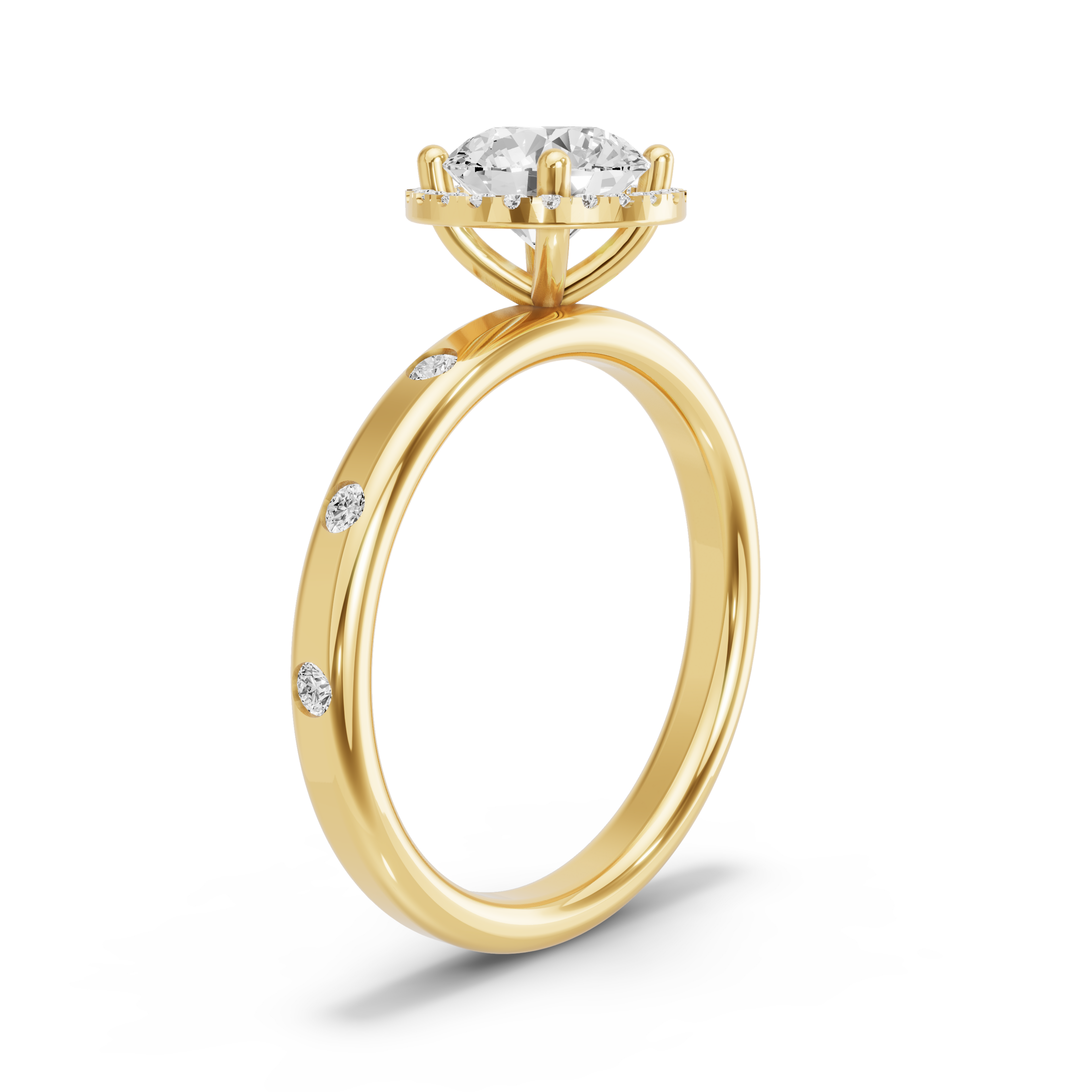 Image for Round Pave Halo Ring with Sleek Accent band in 14K Yellow Gold