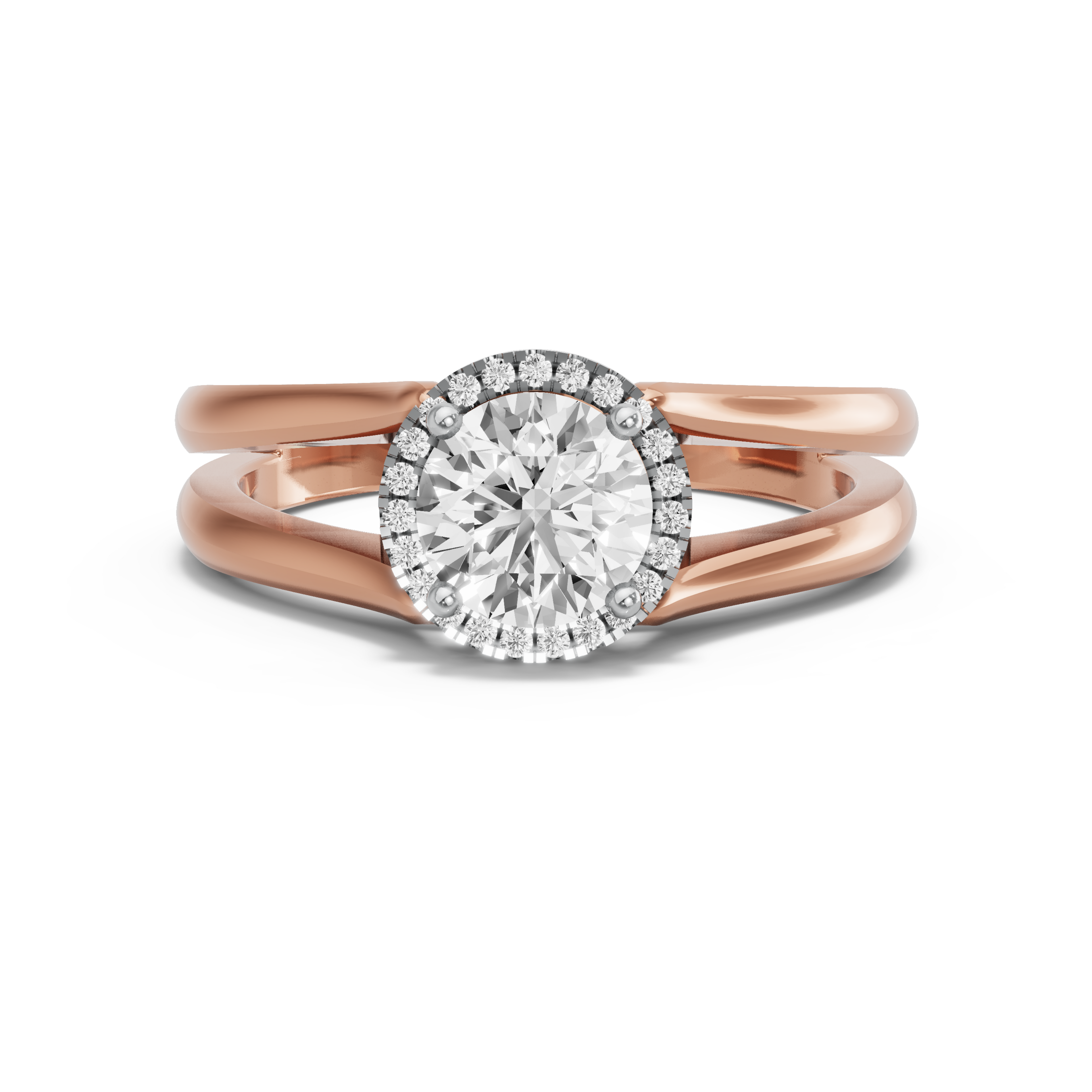 Image for Round Pave Halo Ring with Split Ring Solitaire band in 18K Two Tone Rose Gold