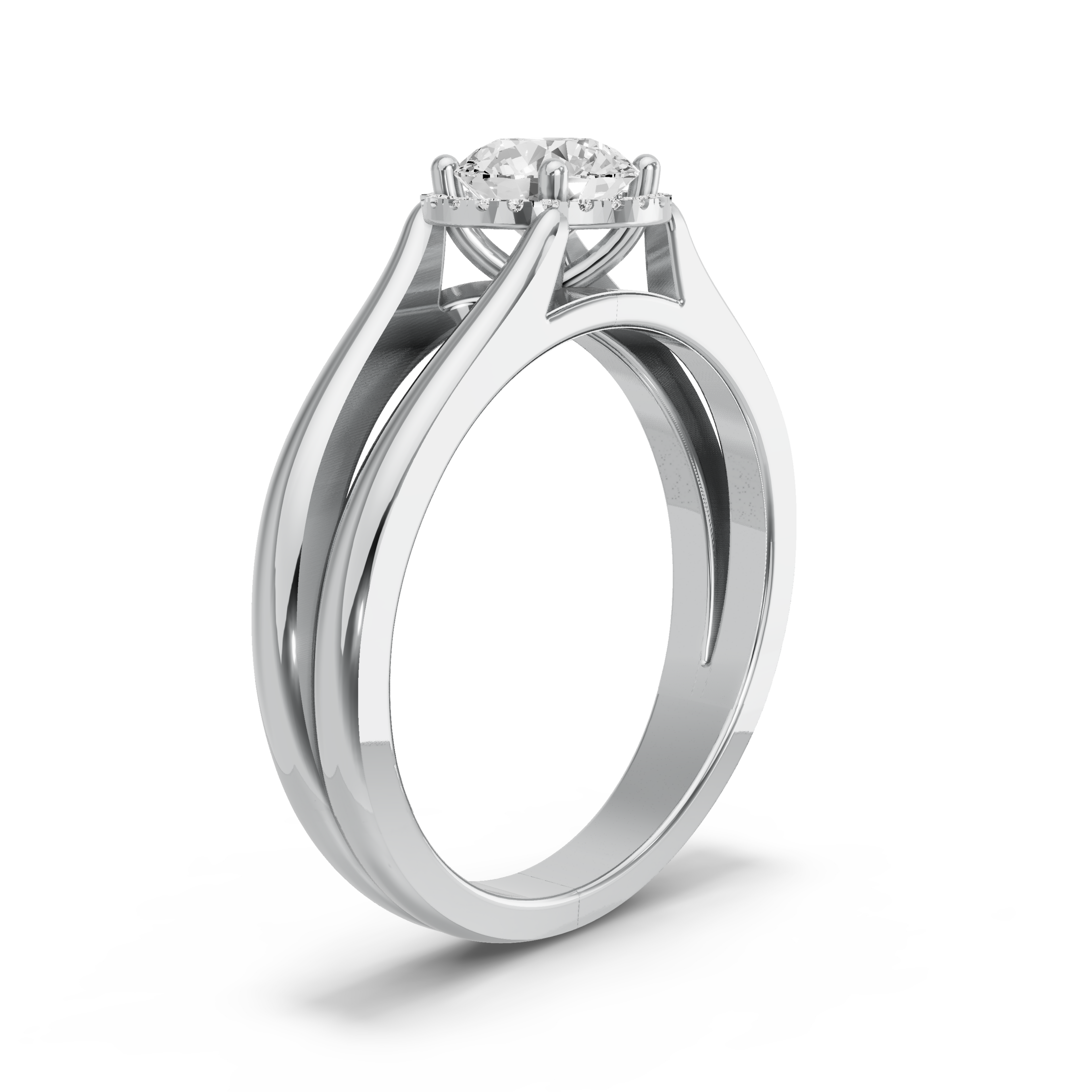 Image for Round Pave Halo Ring with Split Ring Solitaire band in 14K White Gold