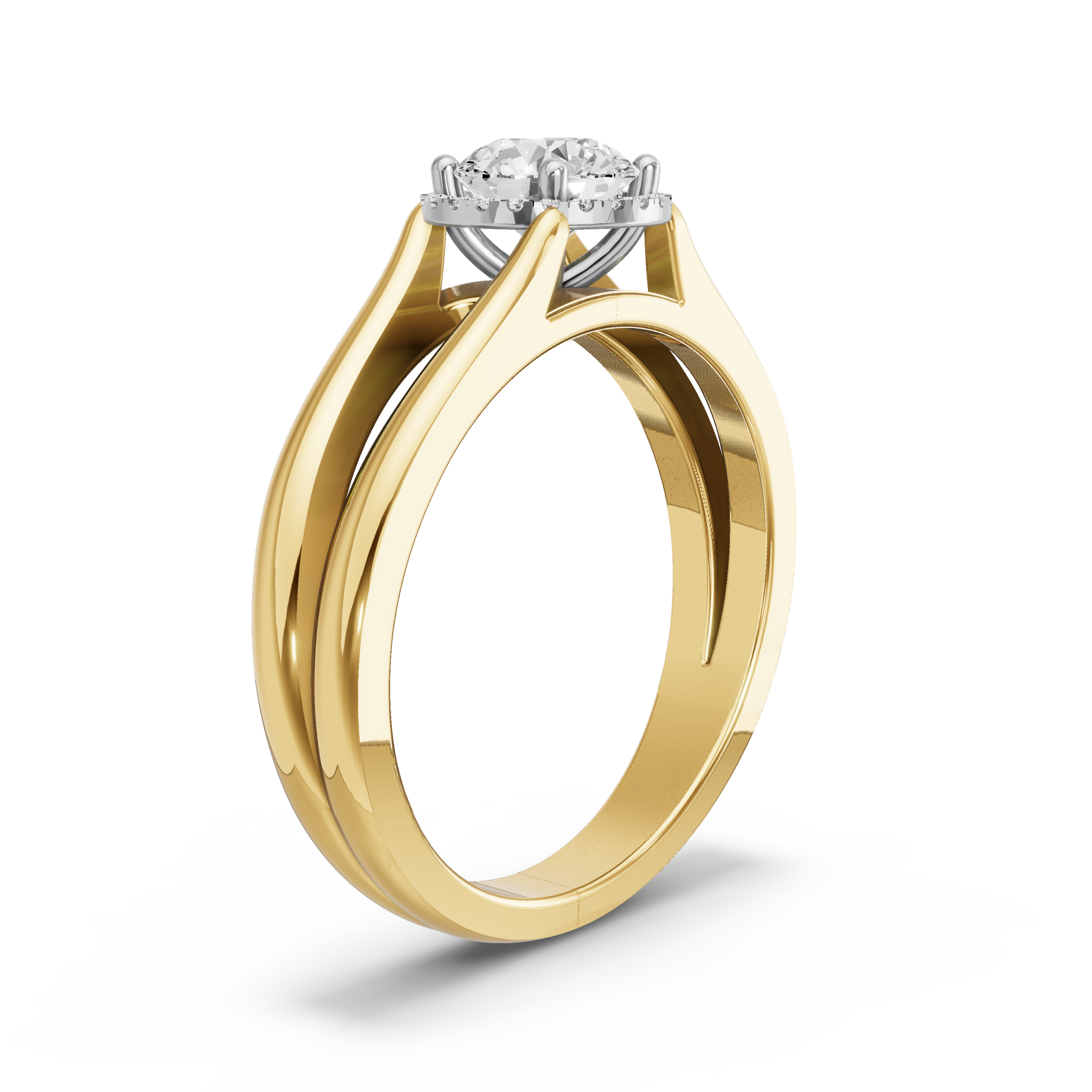 Image for Round Pave Halo Ring with Split Ring Solitaire band in 10K Two Tone Yellow Gold