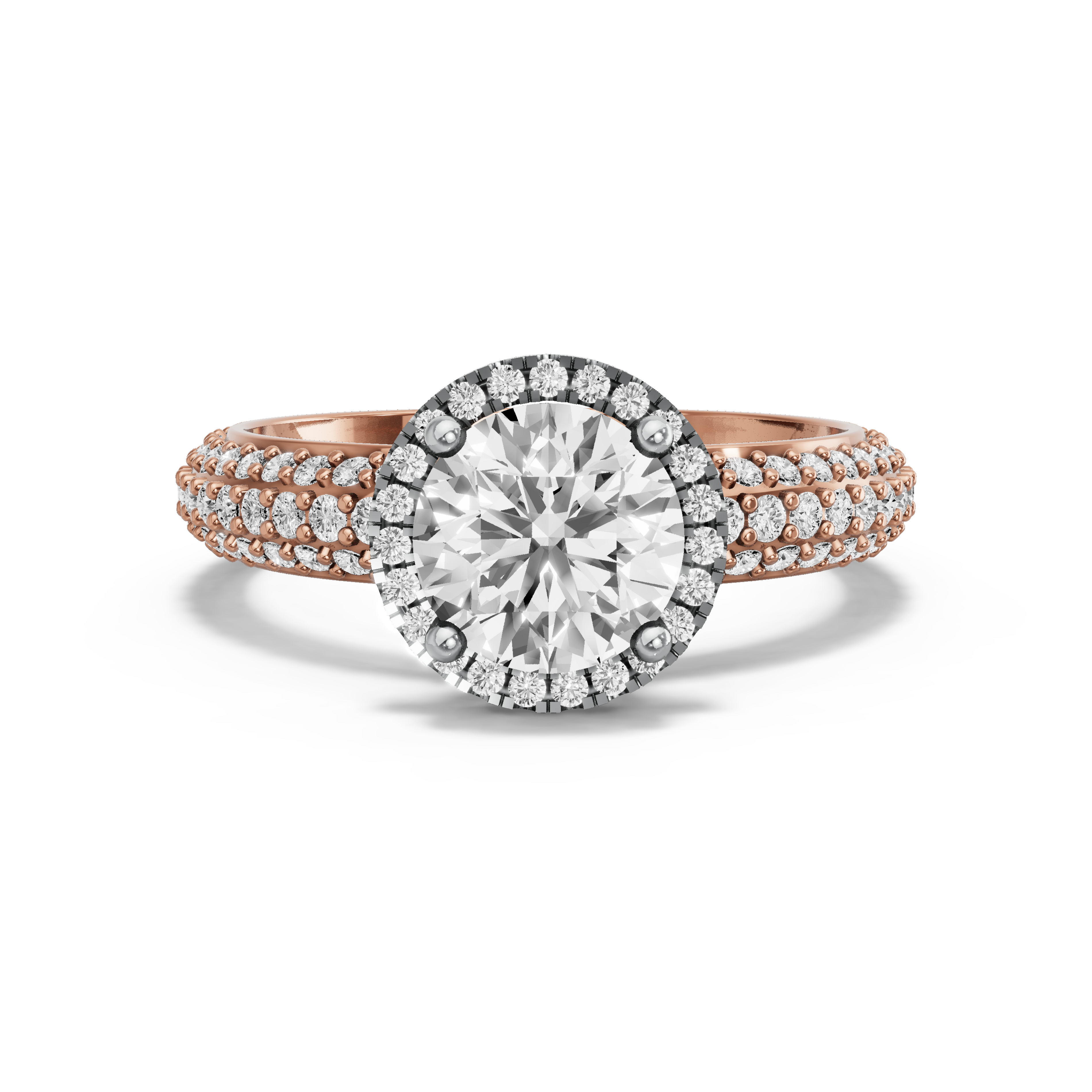 Image for Round Pave Halo Ring with Triple Row Pave band in 18K Two Tone Rose Gold