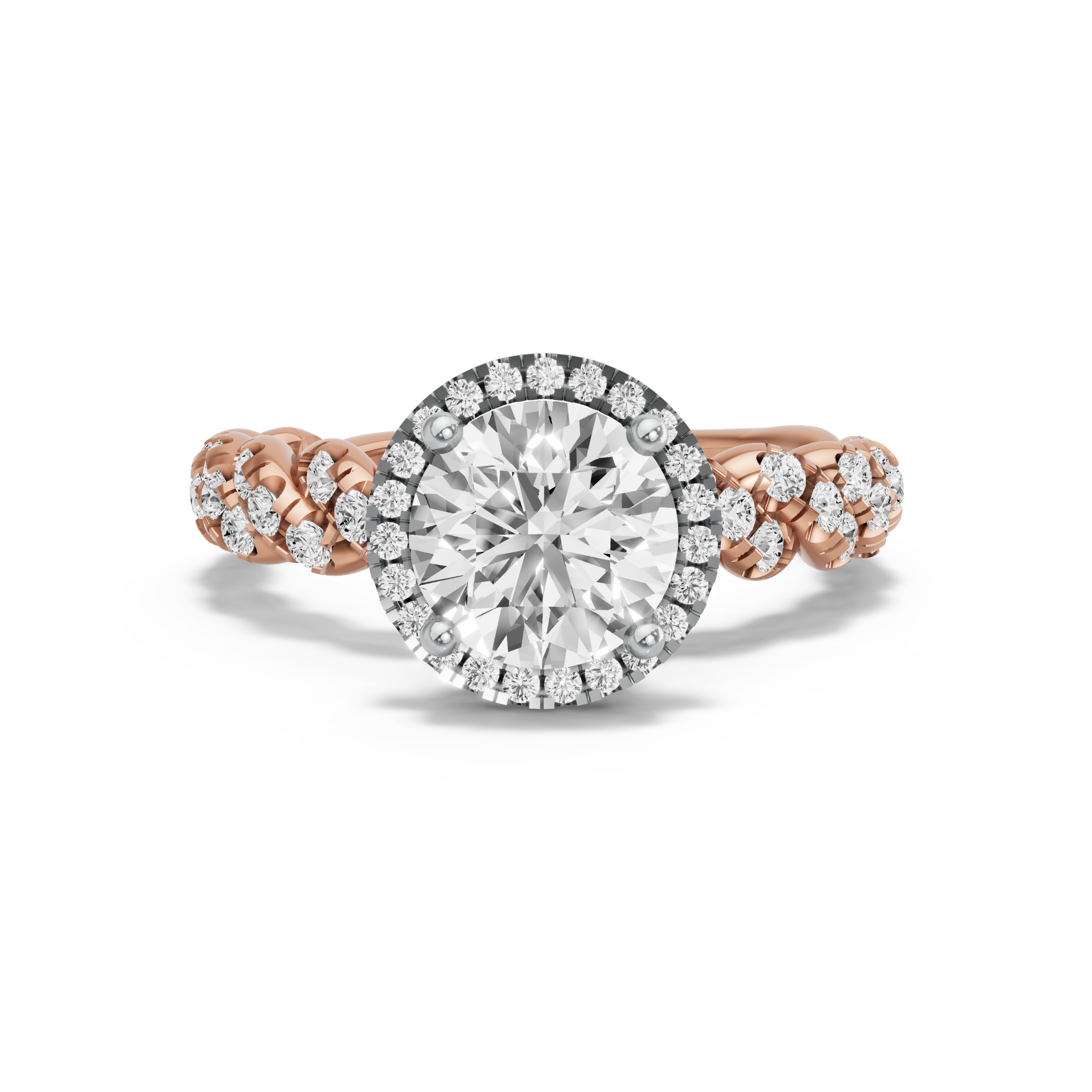 Image for Round Pave Halo Ring with Twist Pave band in 10K Two Tone Rose Gold