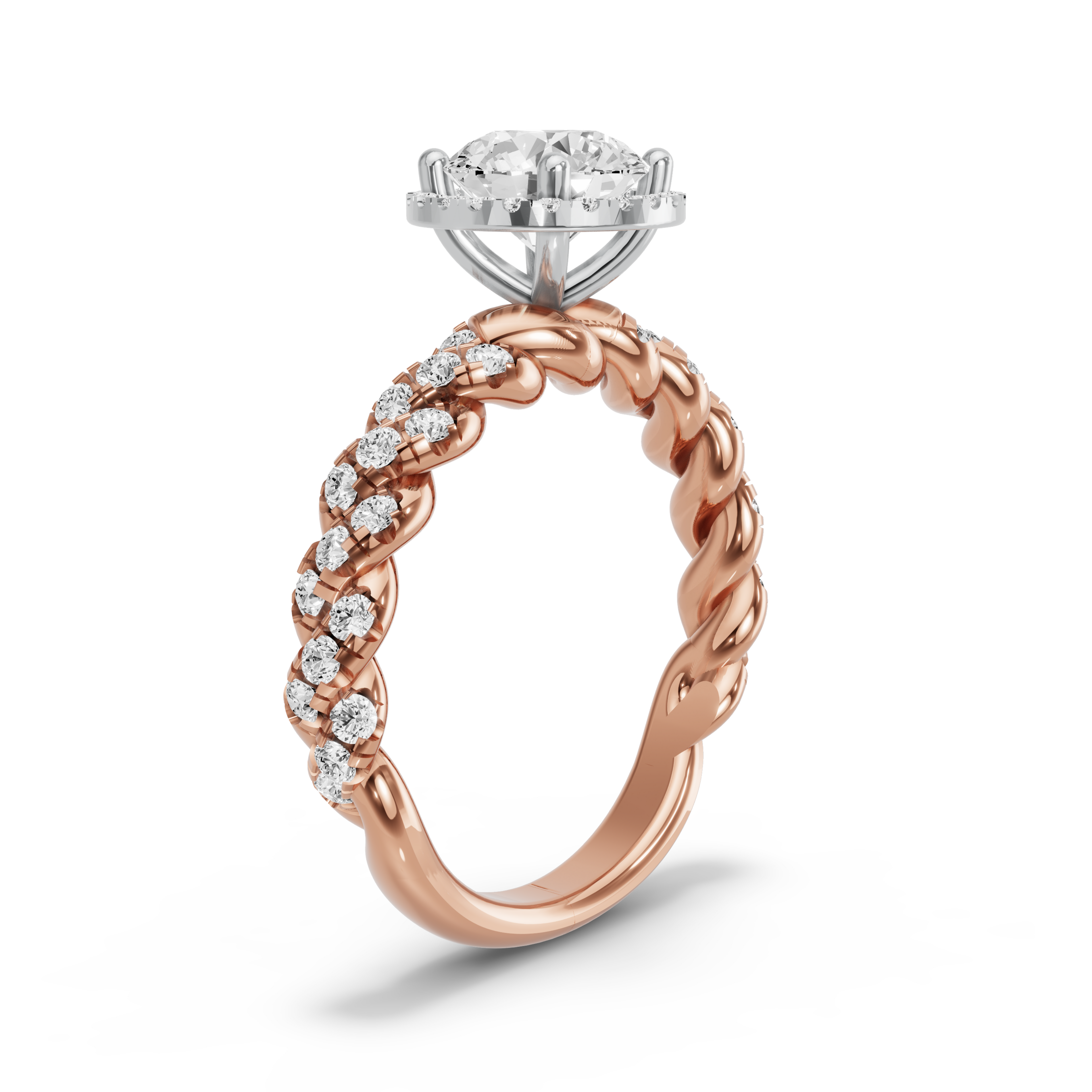 Image for Round Pave Halo Ring with Twist Pave band in 14K Two Tone Rose Gold