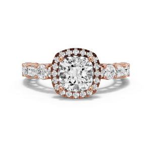 Image for Square Cushion Pave Halo Ring with Alternating Baguette band in 14K Rose Gold