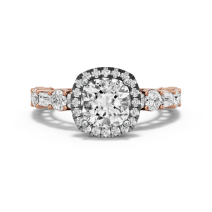 Image for Square Cushion Pave Halo Ring with Alternating Baguette band in 14K Two Tone Rose Gold