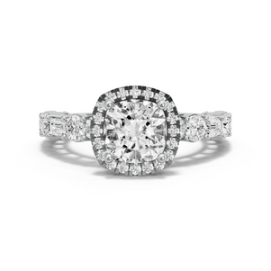 Image for Square Cushion Pave Halo Ring with Alternating Baguette band in 18K White Gold