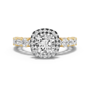 Image for Square Cushion Pave Halo Ring with Alternating Baguette band in 14K Two Tone Yellow Gold