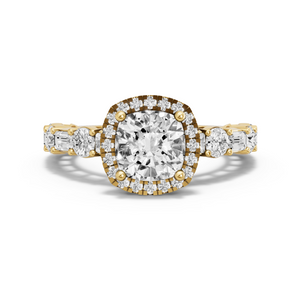 Image for Square Cushion Pave Halo Ring with Alternating Baguette band in 18K Yellow Gold