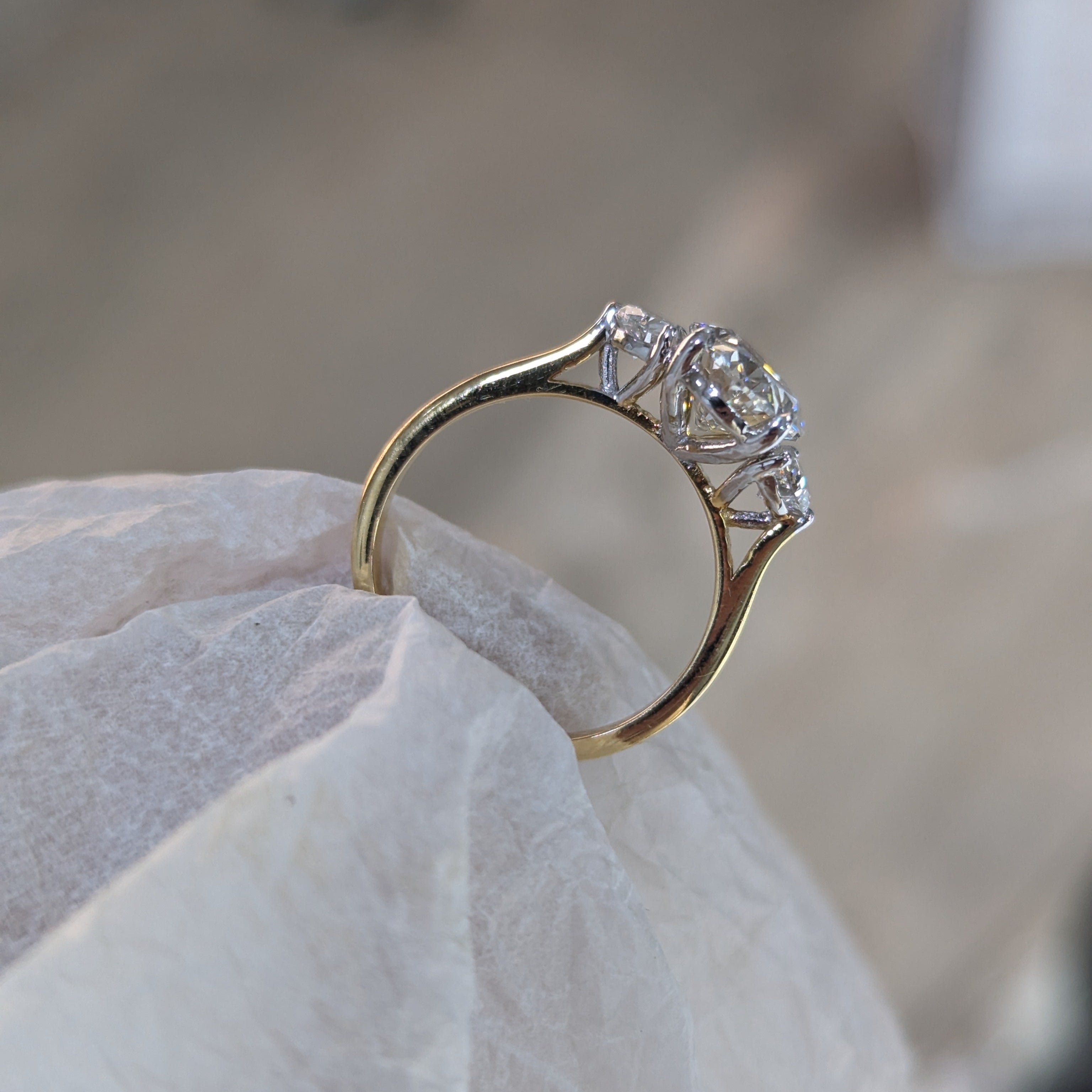 Oval 3.00tcw Lab Grown Diamond Cathedral Two Tone Three Stone Engagement Ring, D-E-F Color, VVS-VS Clarity