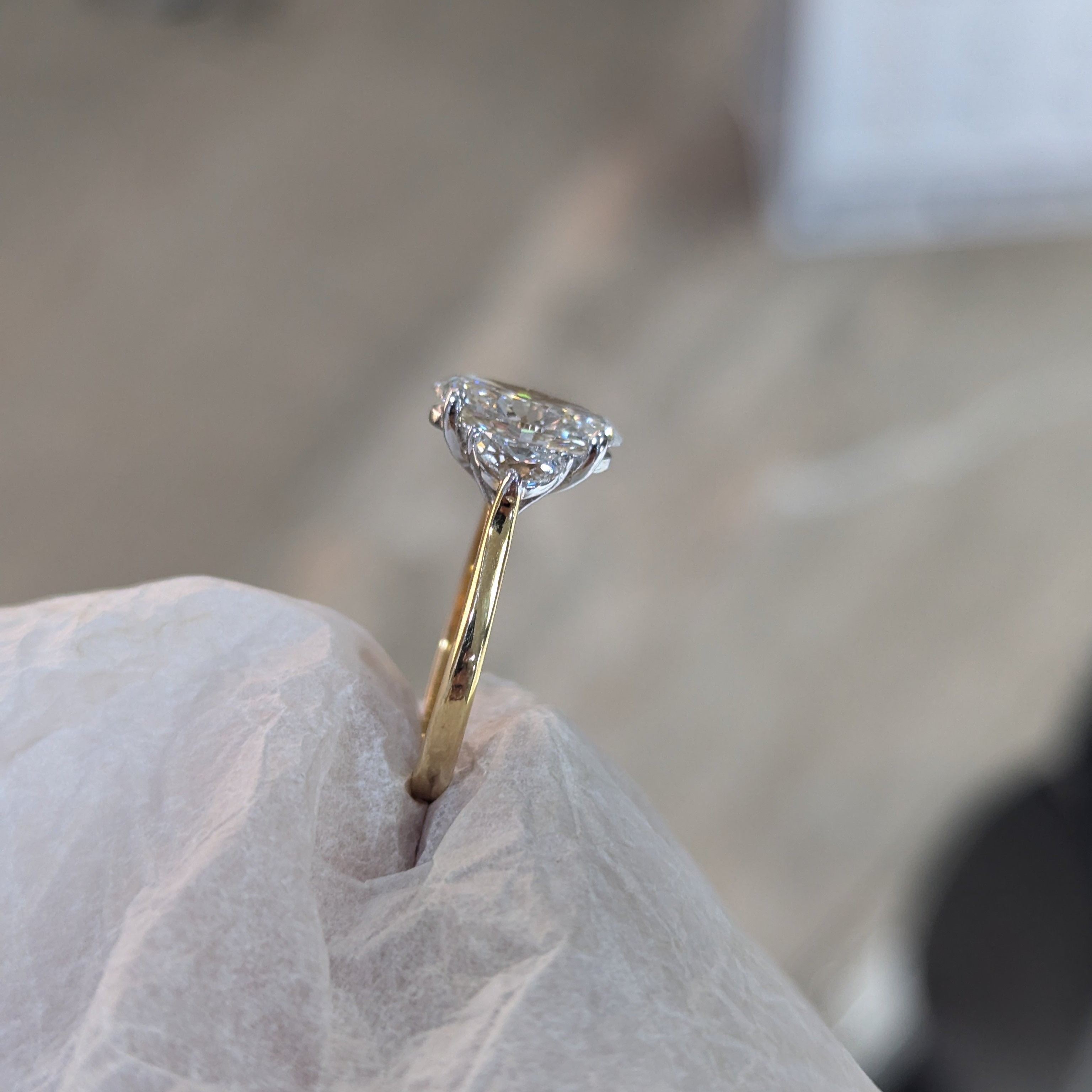 Oval 3.00tcw Lab Grown Diamond Cathedral Two Tone Three Stone Engagement Ring, D-E-F Color, VVS-VS Clarity